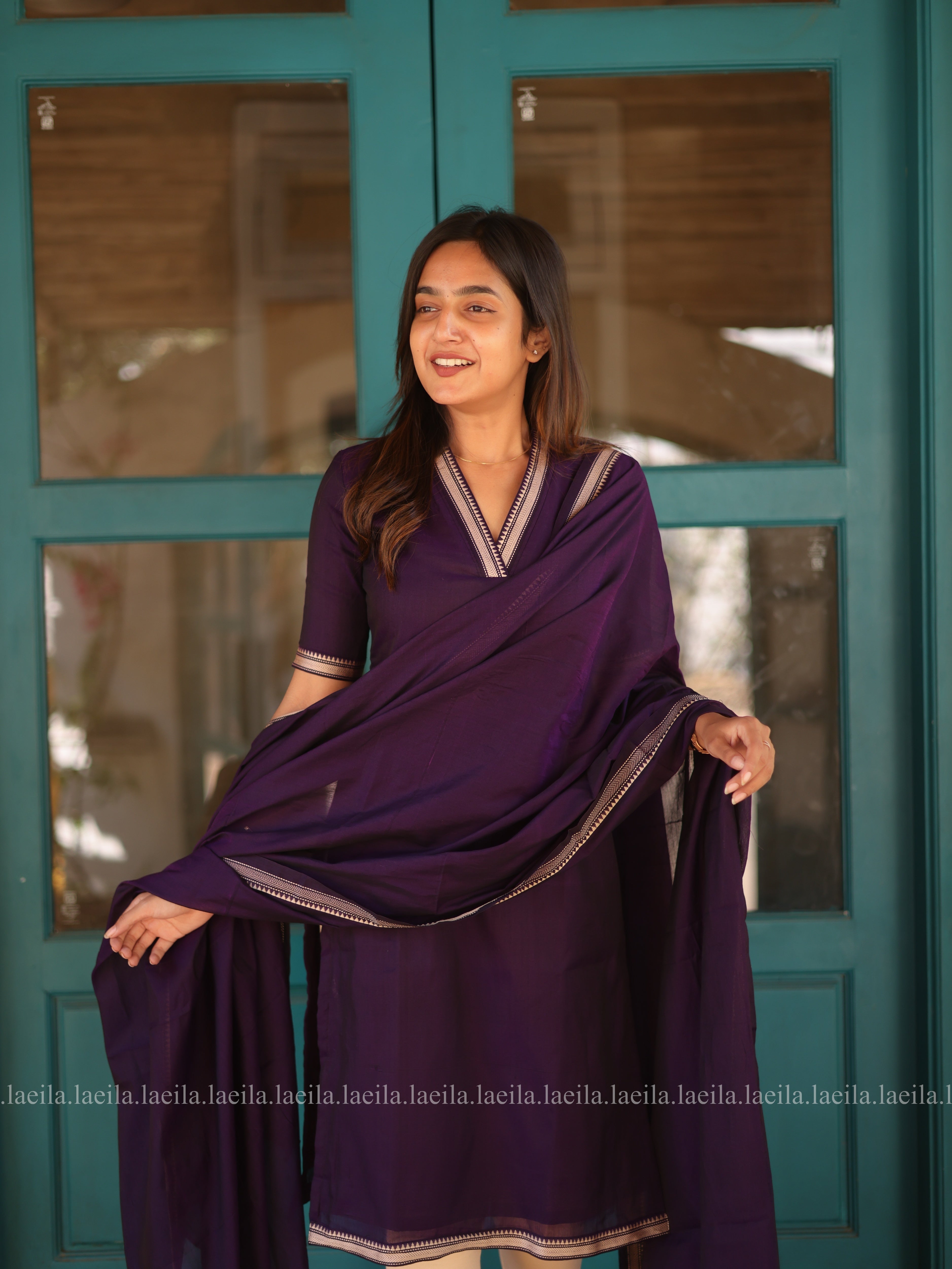 Purple Malar Narayanpet Cotton Top & Dupatta Set