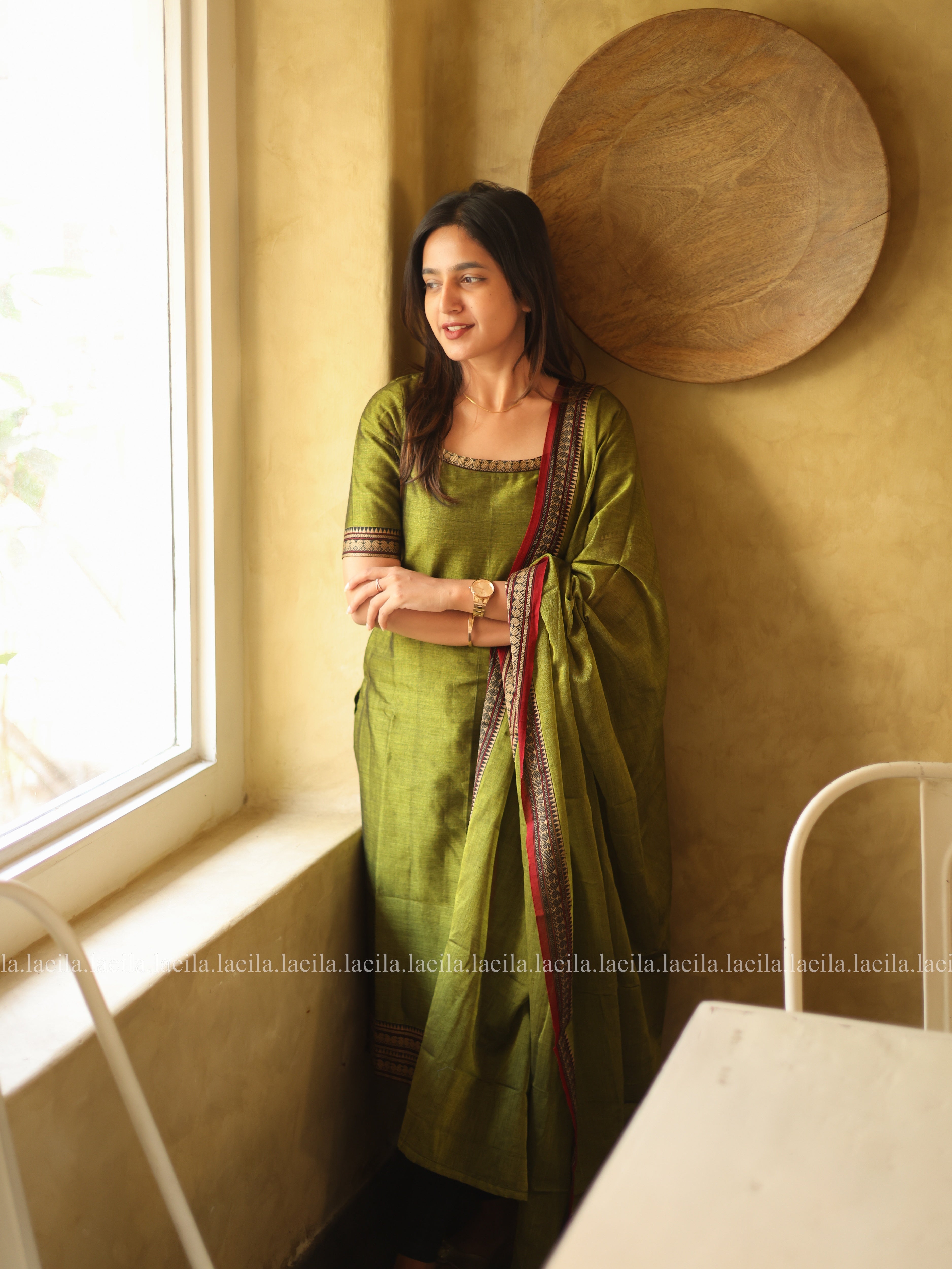 Green with Red Border Malar Narayanpet Cotton Top & Dupatta Set