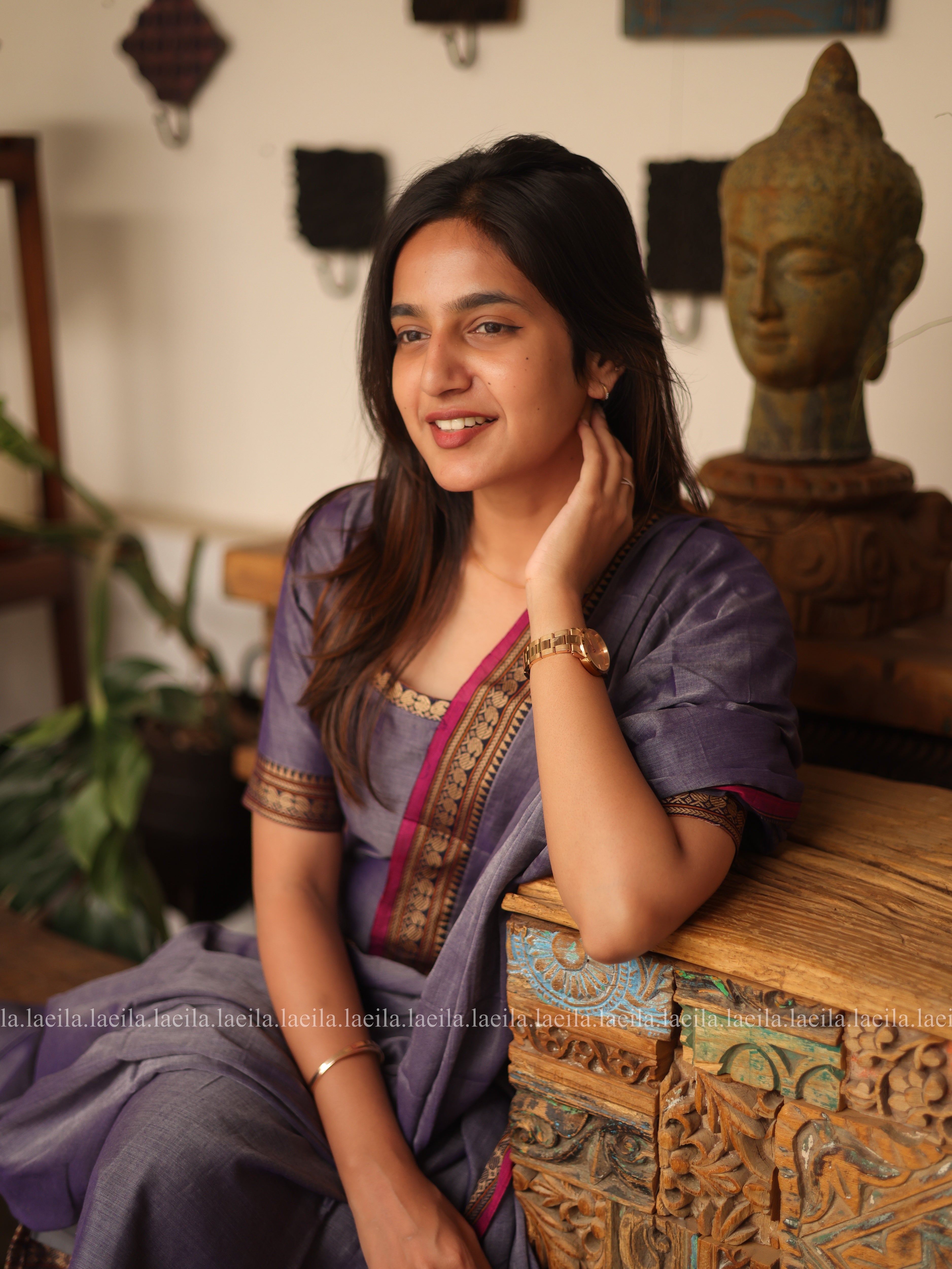 Lavender with Pink Border Malar Narayanpet Cotton Top & Dupatta Set