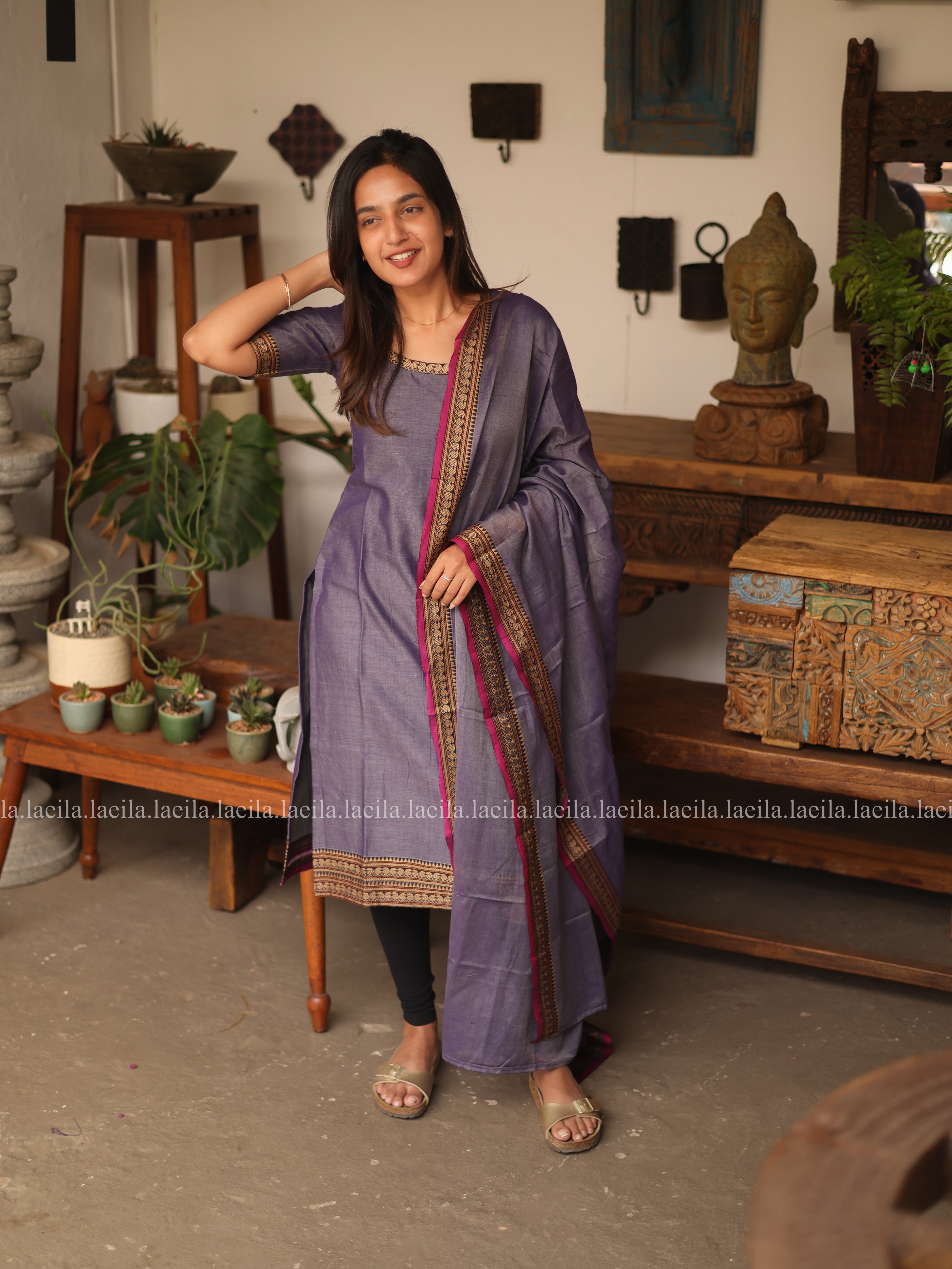 Lavender with Pink Border Malar Narayanpet Cotton Top & Dupatta Set