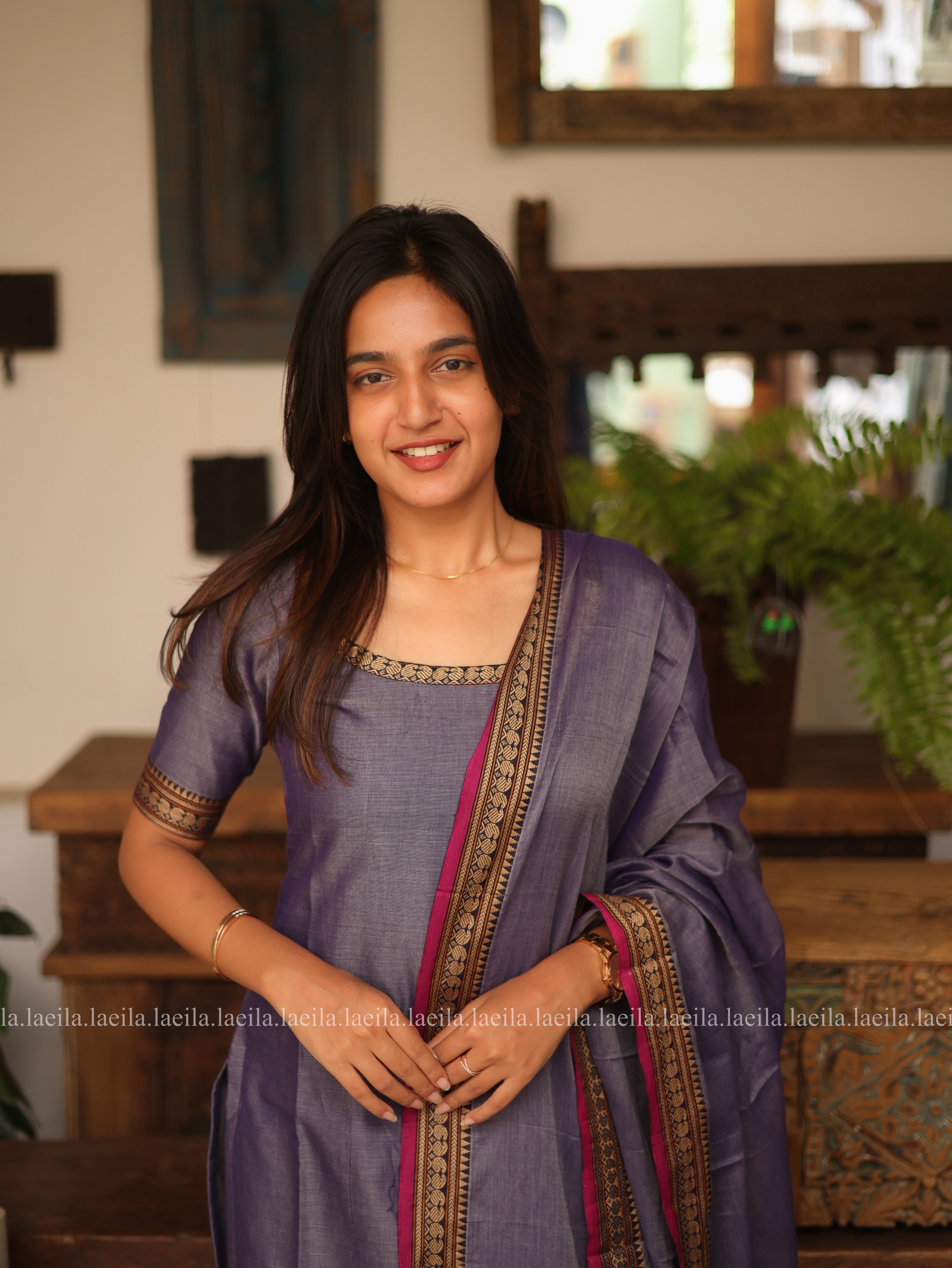 Lavender with Pink Border Malar Narayanpet Cotton Top & Dupatta Set