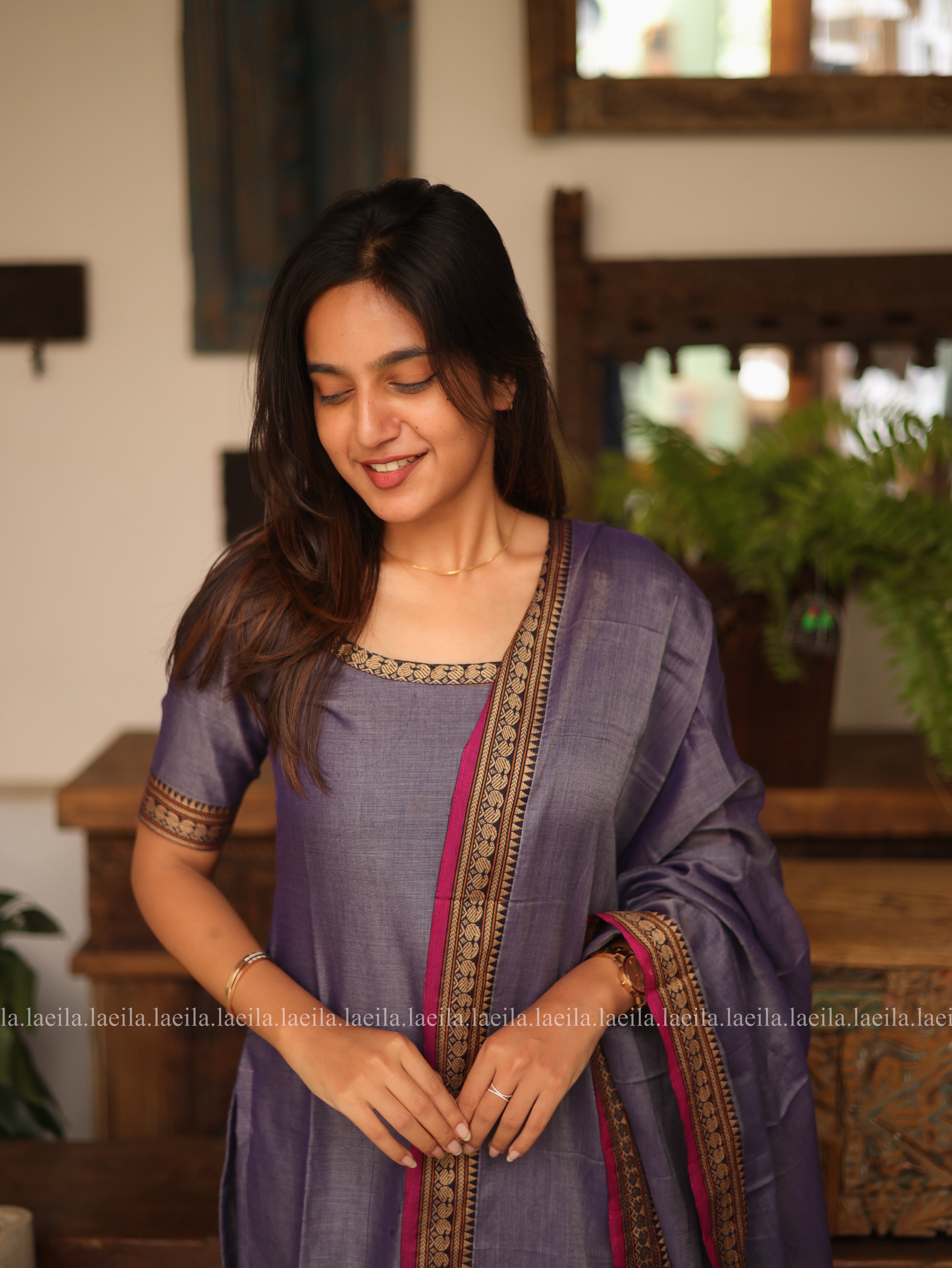 Lavender with Pink Border Malar Narayanpet Cotton Top & Dupatta Set