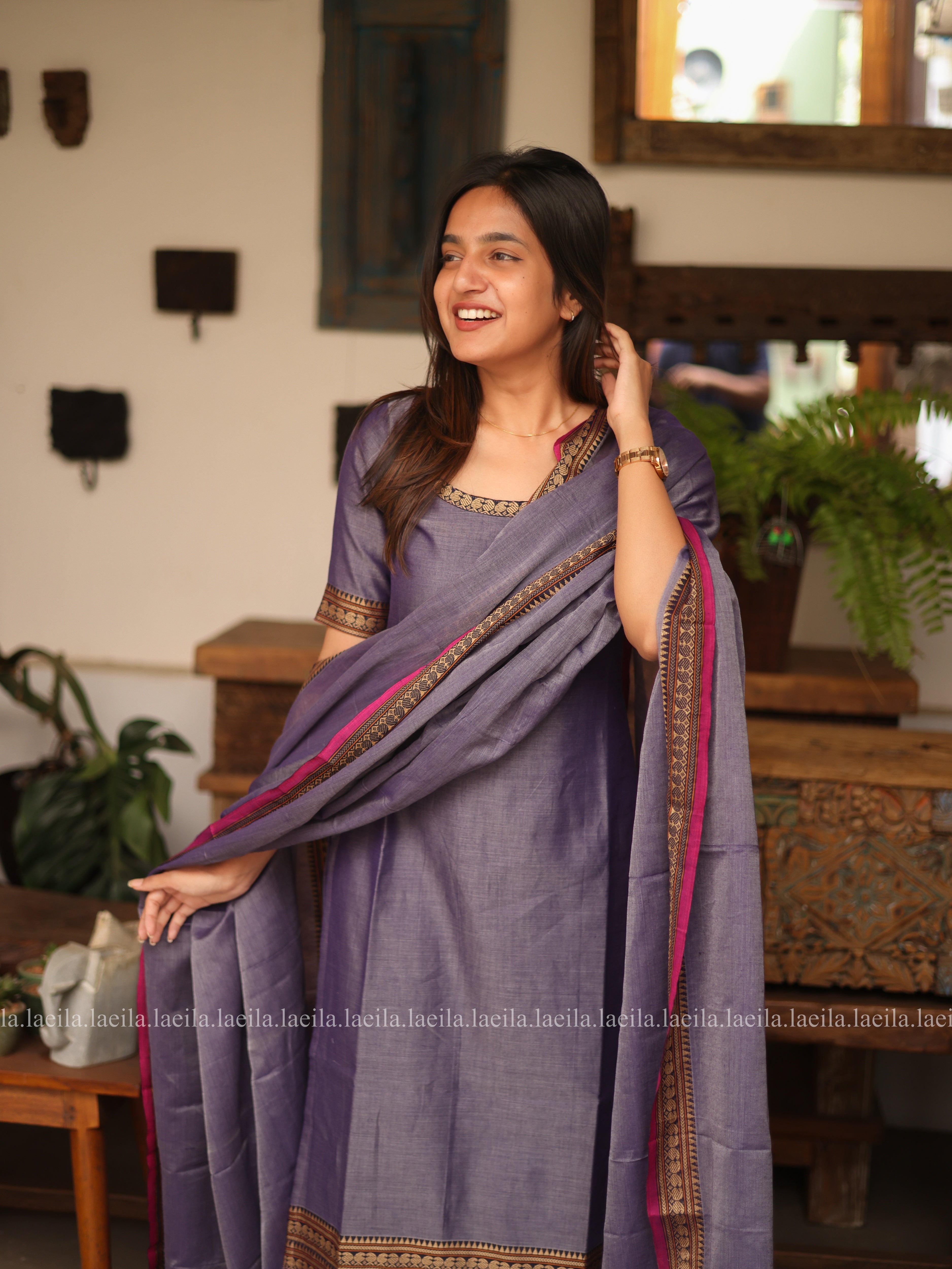 Lavender with Pink Border Malar Narayanpet Cotton Top & Dupatta Set