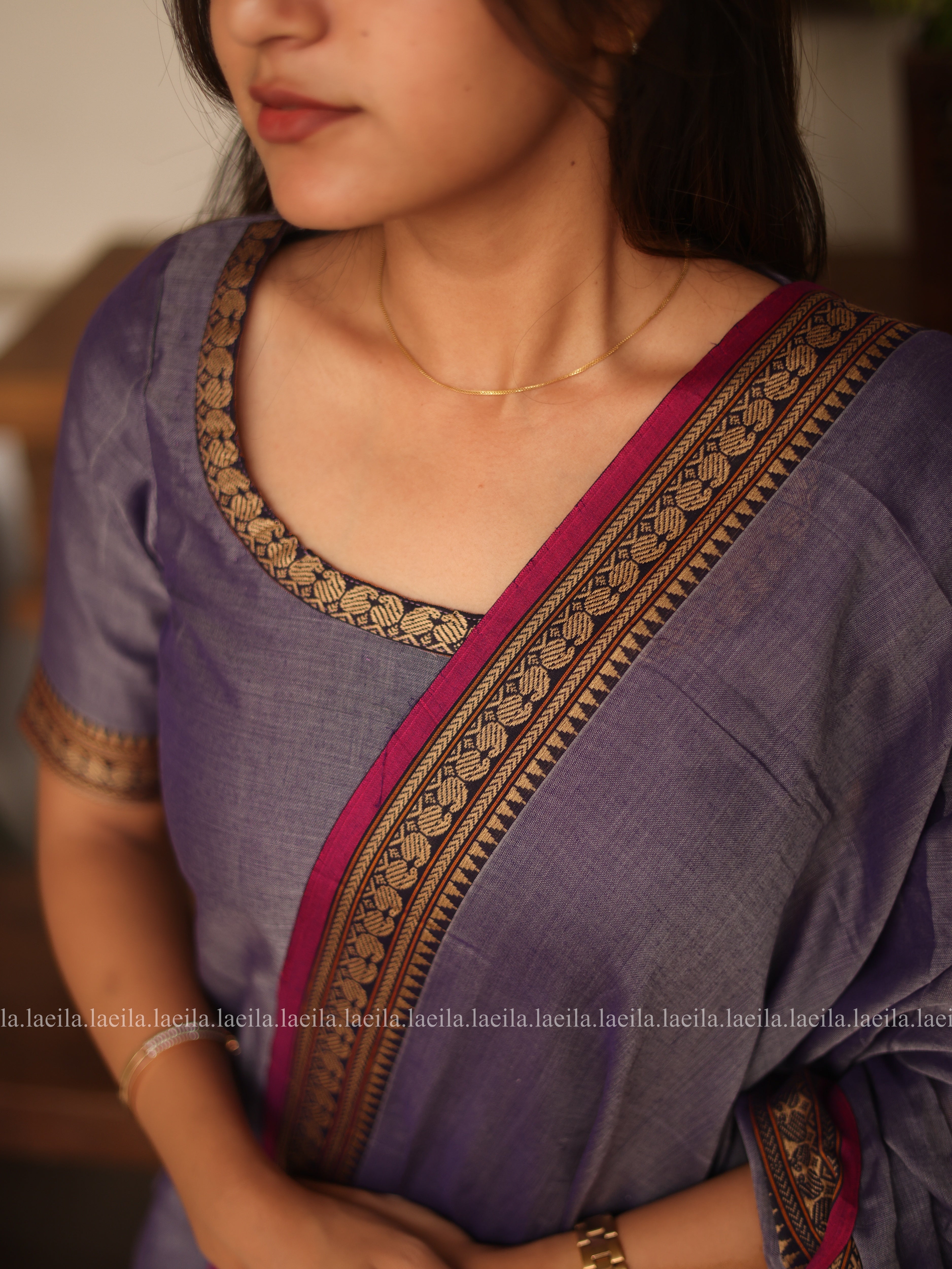 Lavender with Pink Border Malar Narayanpet Cotton Top & Dupatta Set