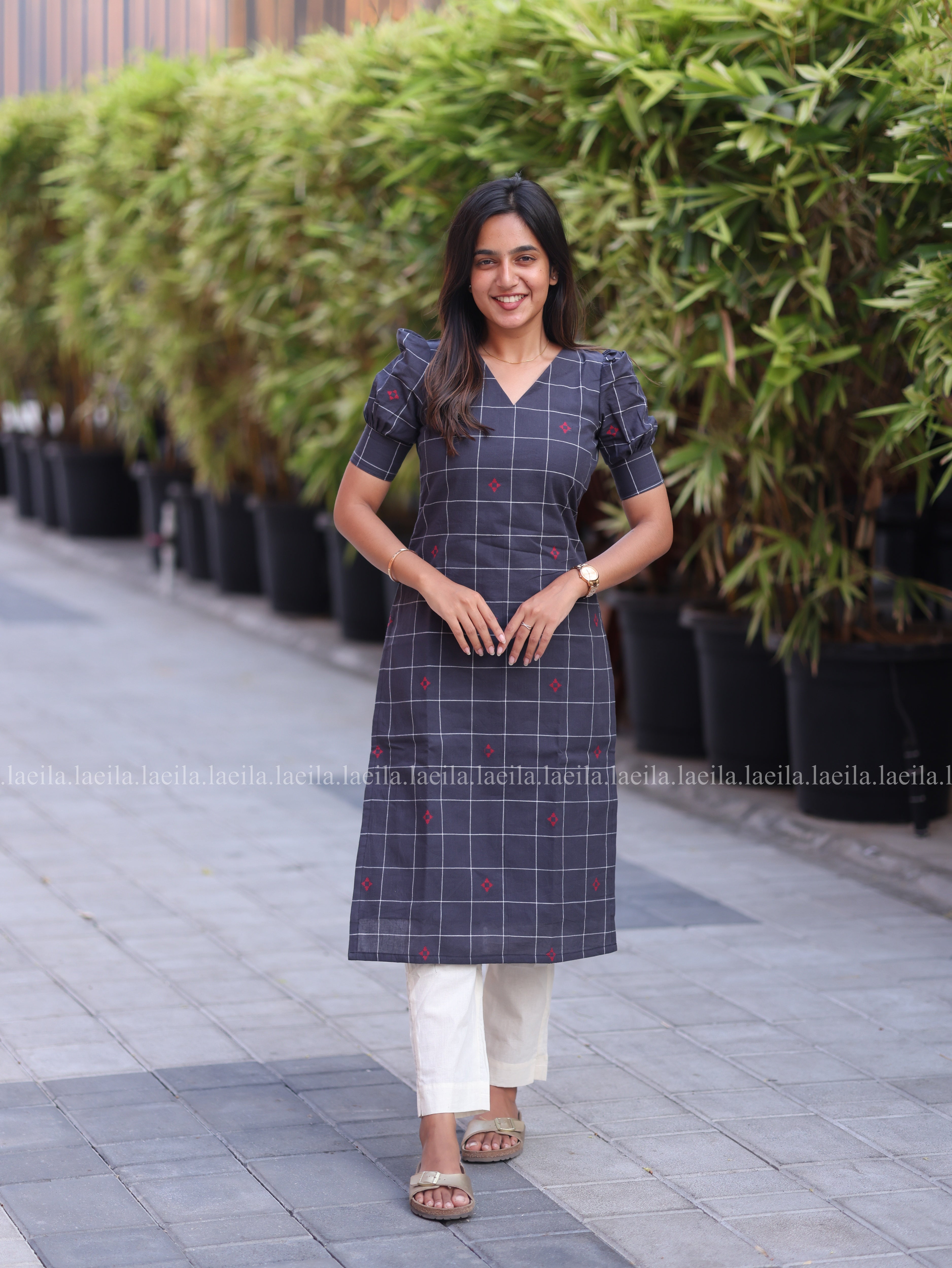 Dark grey top & half white pant set