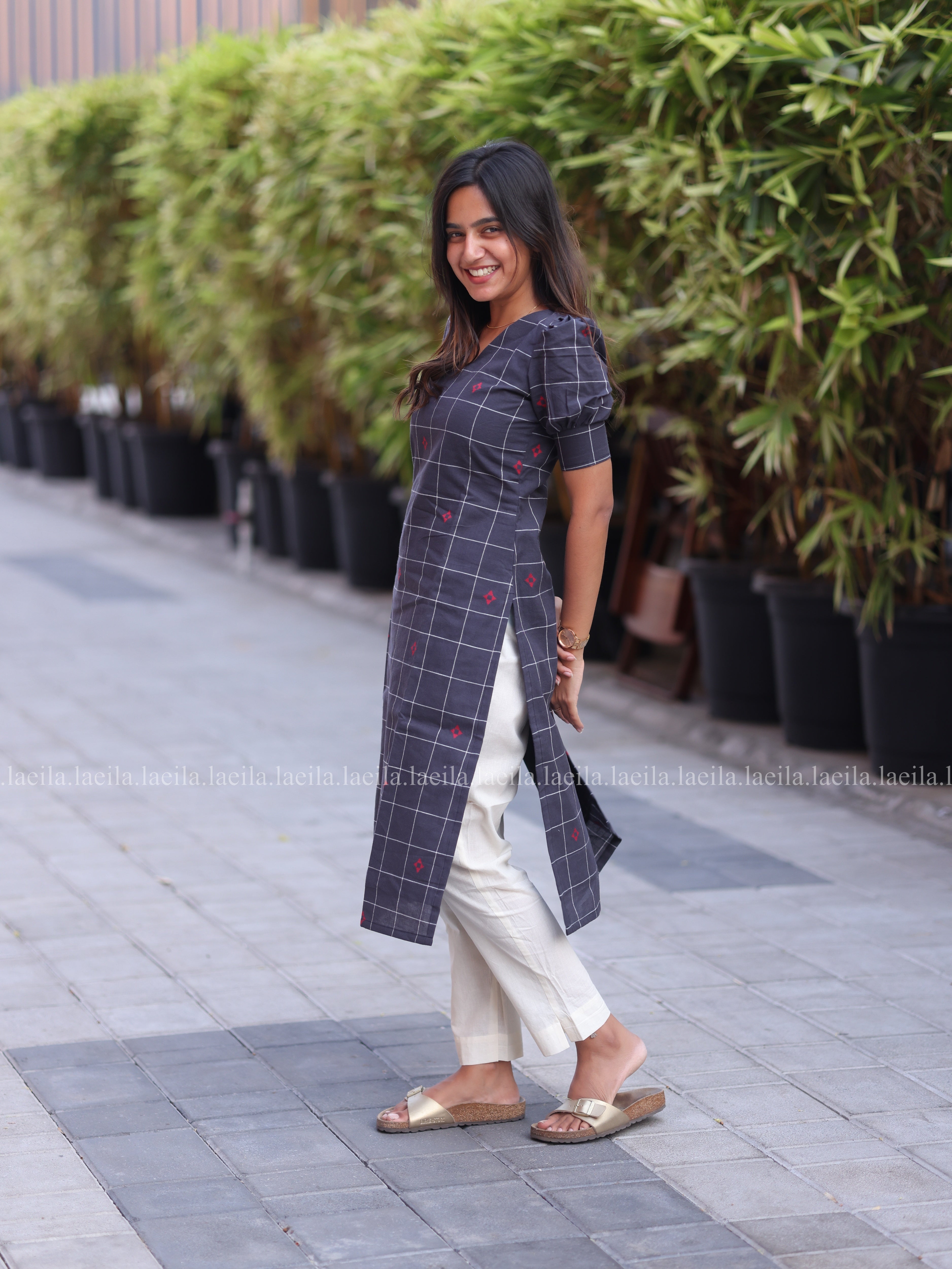 Dark grey top & half white pant set