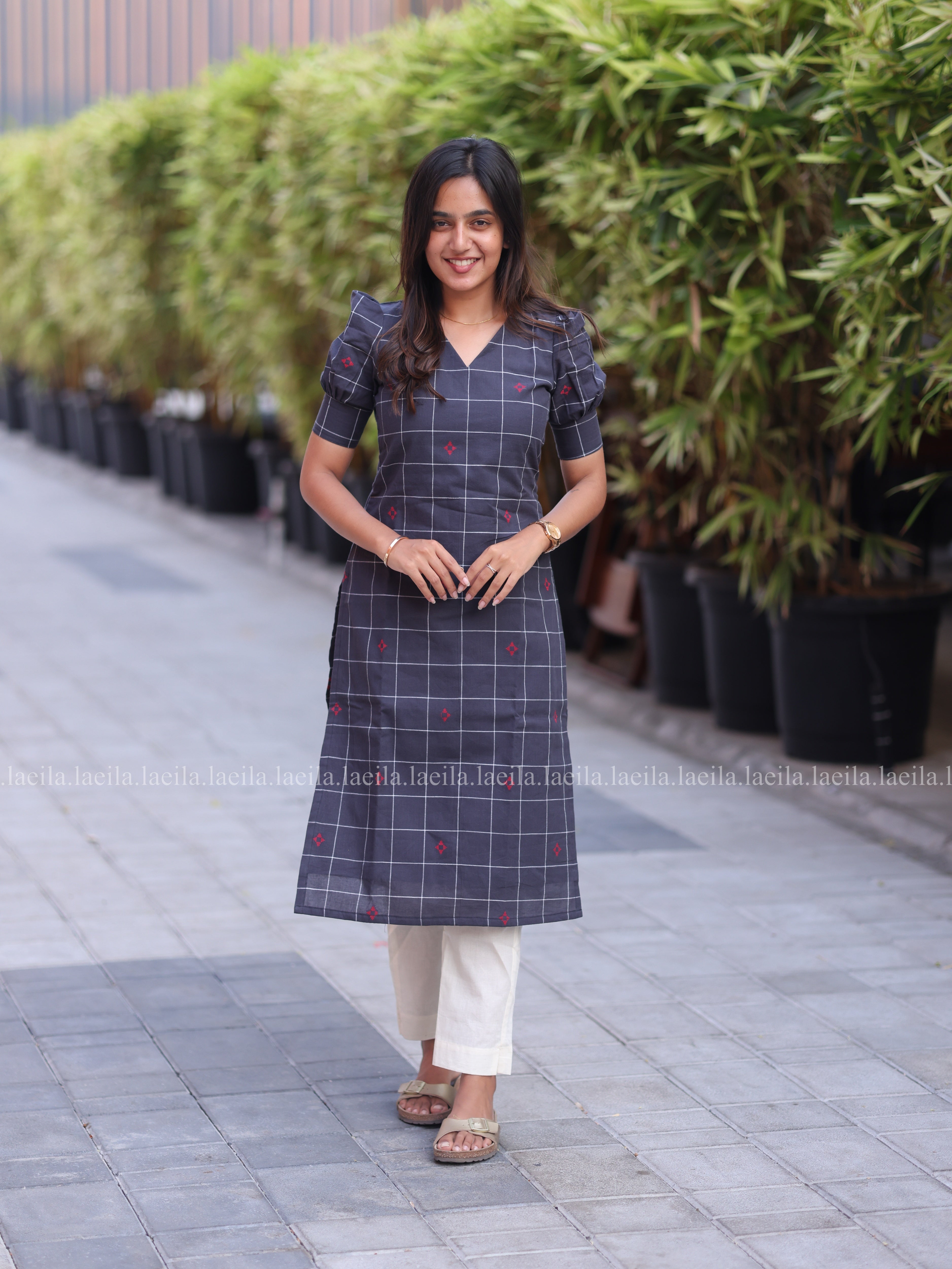 Dark grey top & half white pant set