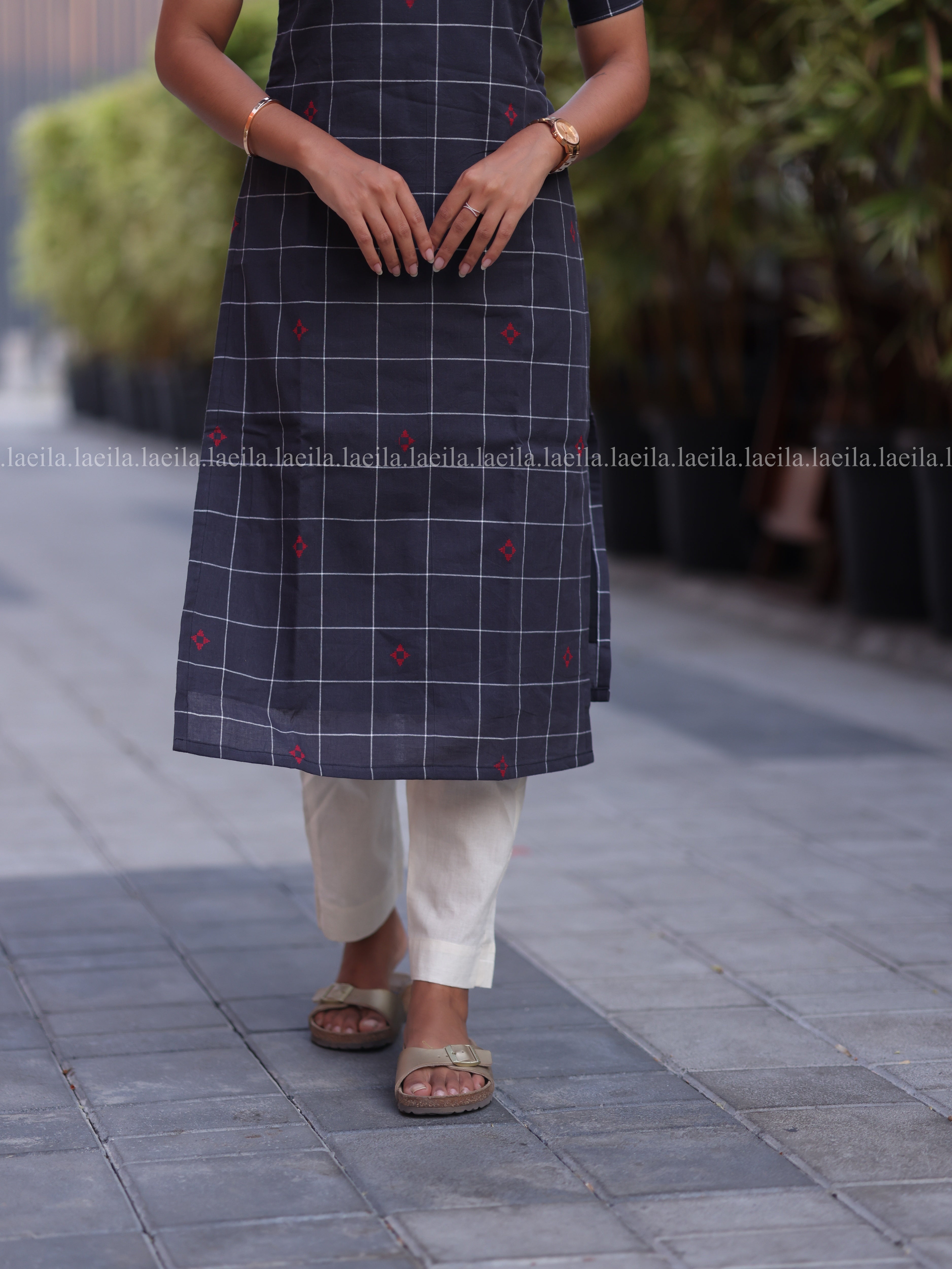 Dark grey top & half white pant set