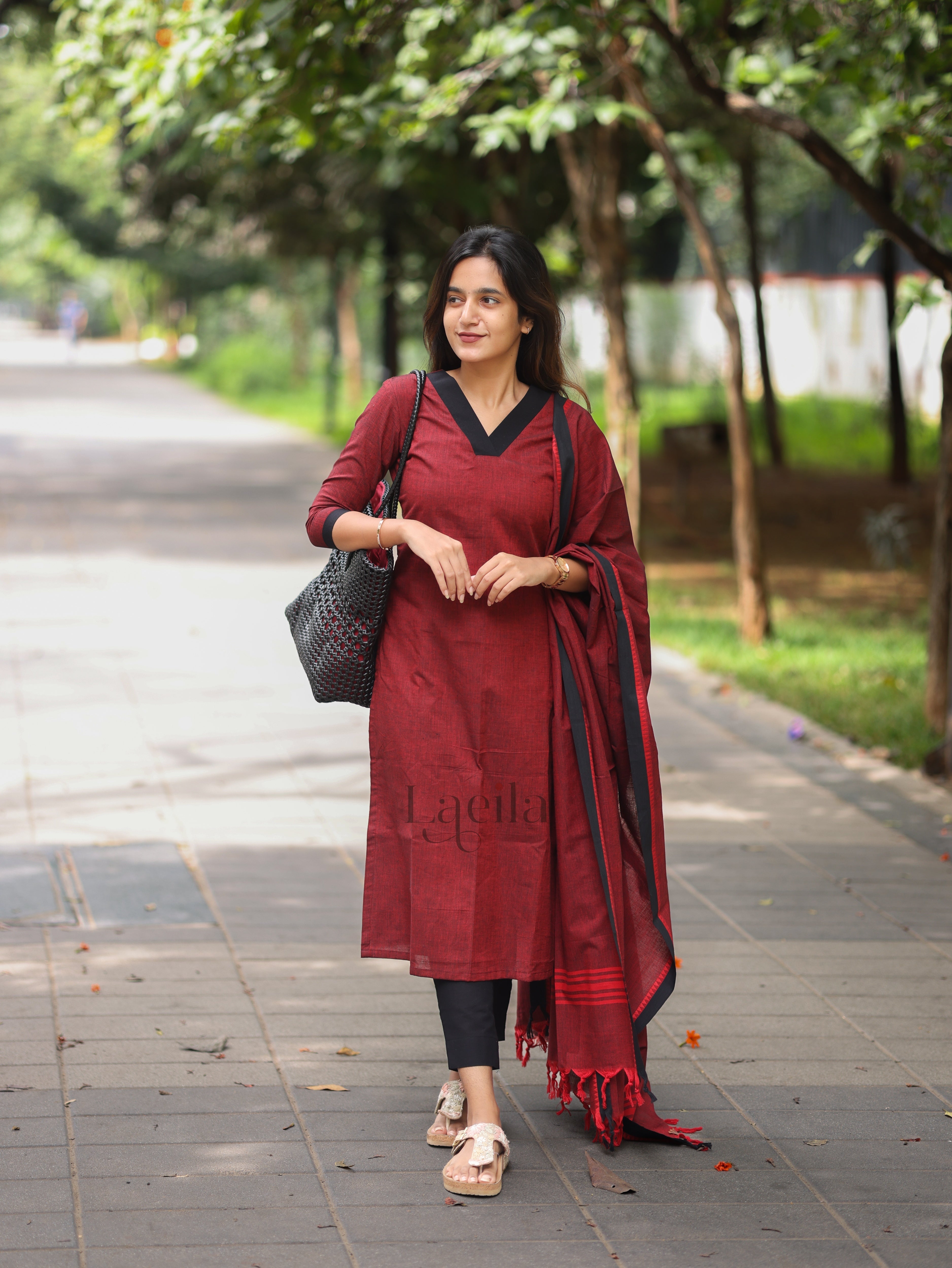 Maroon and black Cotton Kadhambari Set