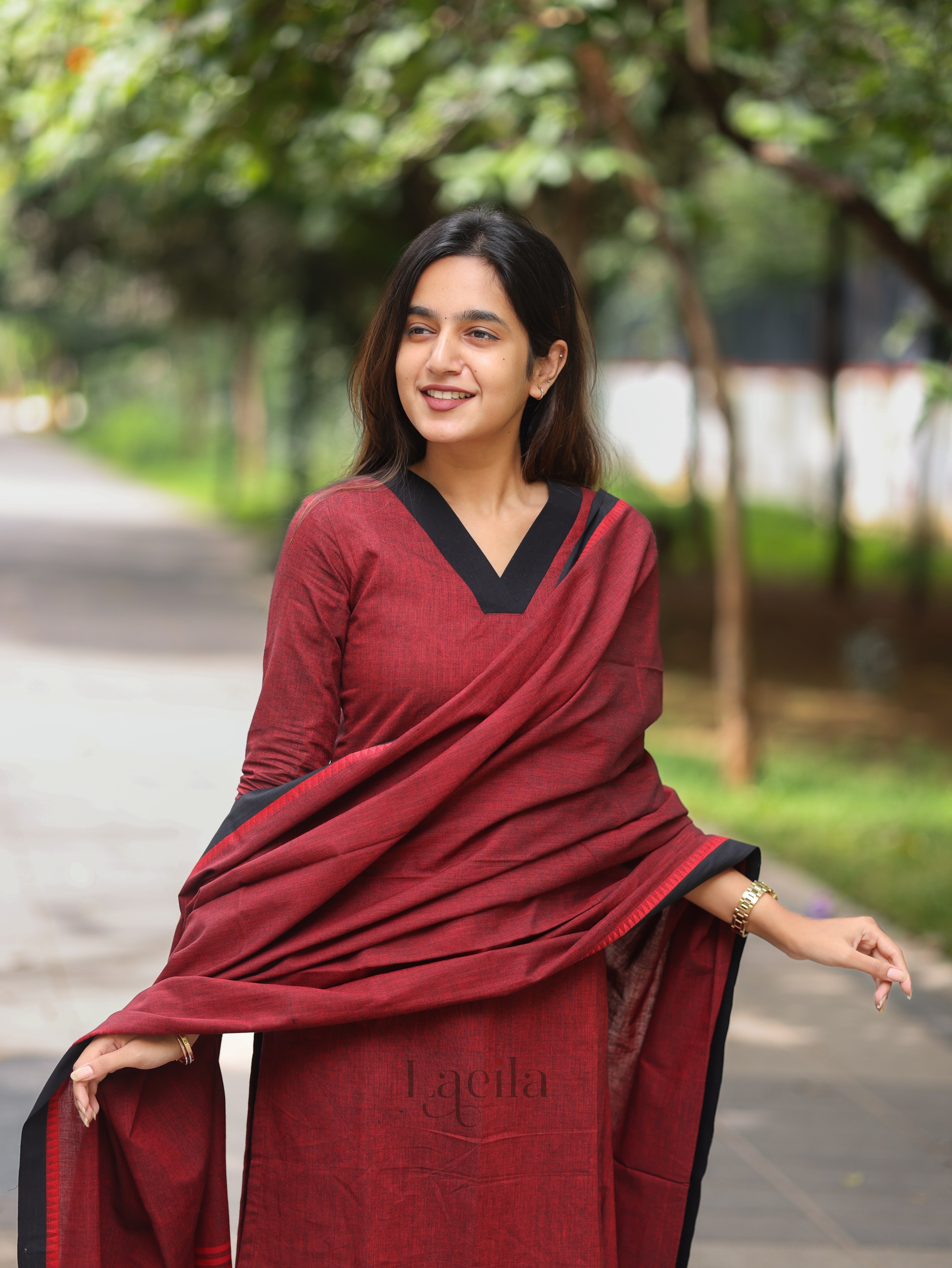 Maroon and black Cotton Kadhambari Set