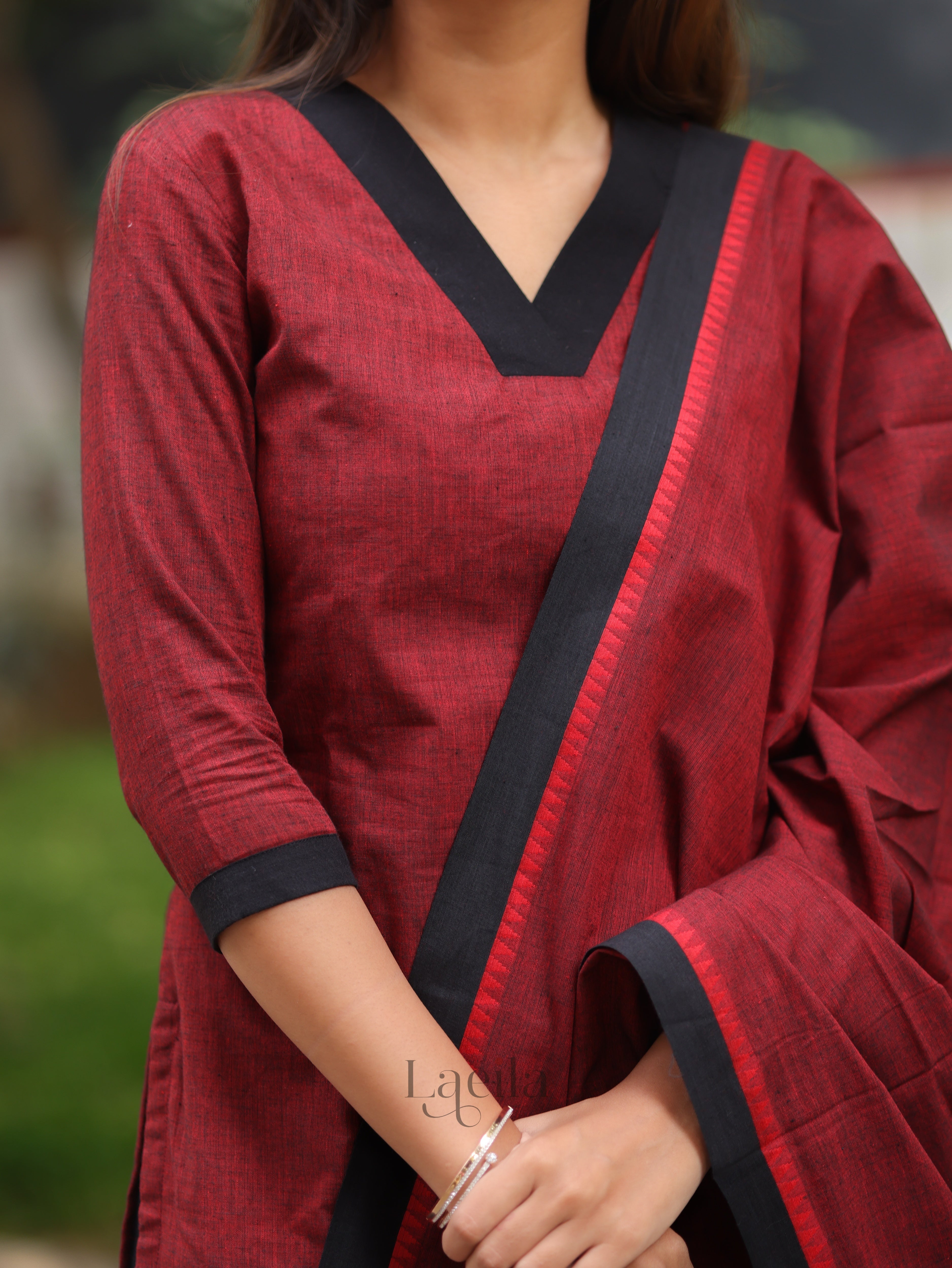 Maroon and black Cotton Kadhambari Set