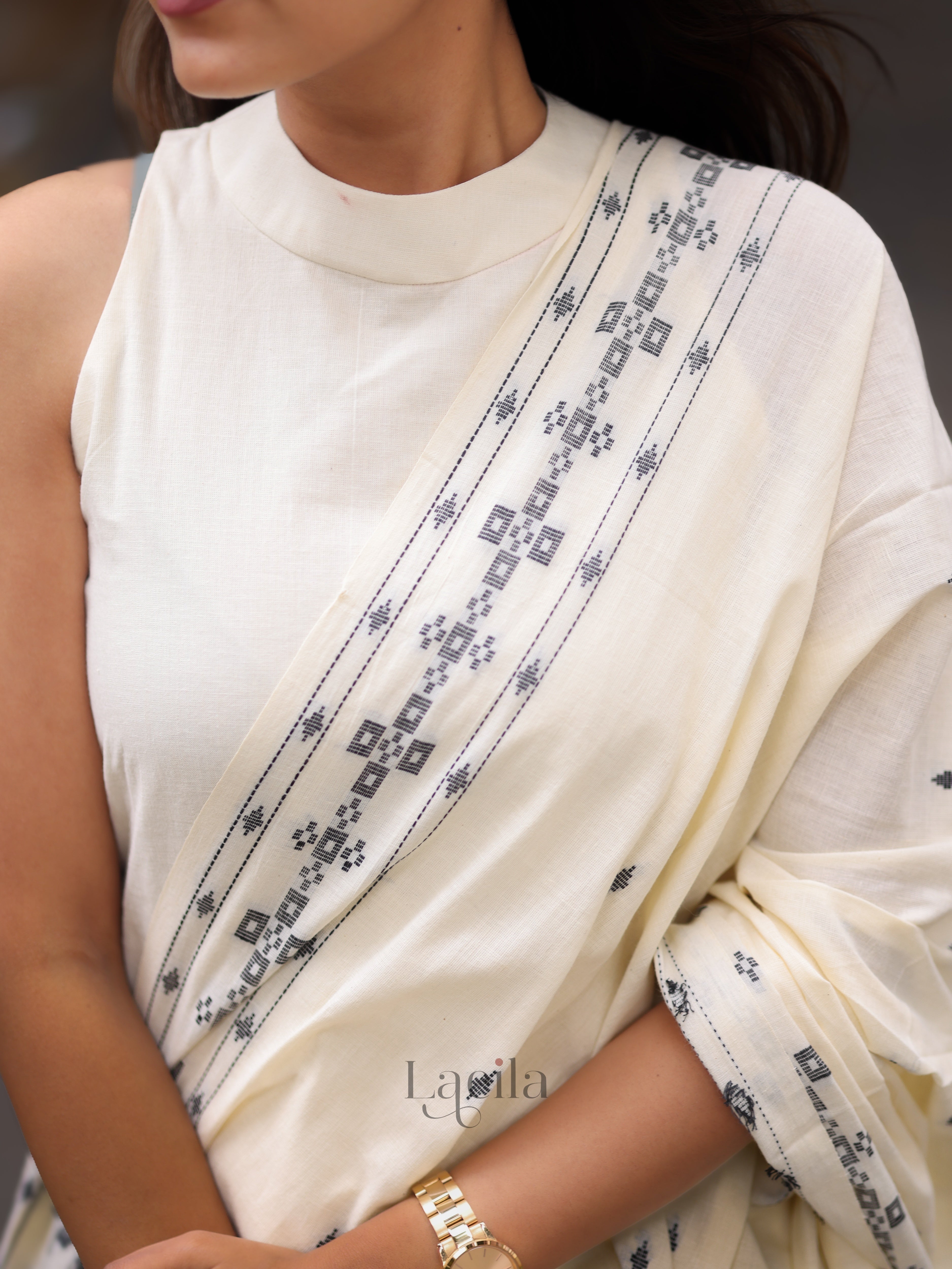 White Handloom Cotton Kadhambari Set (Top & Dupatta)