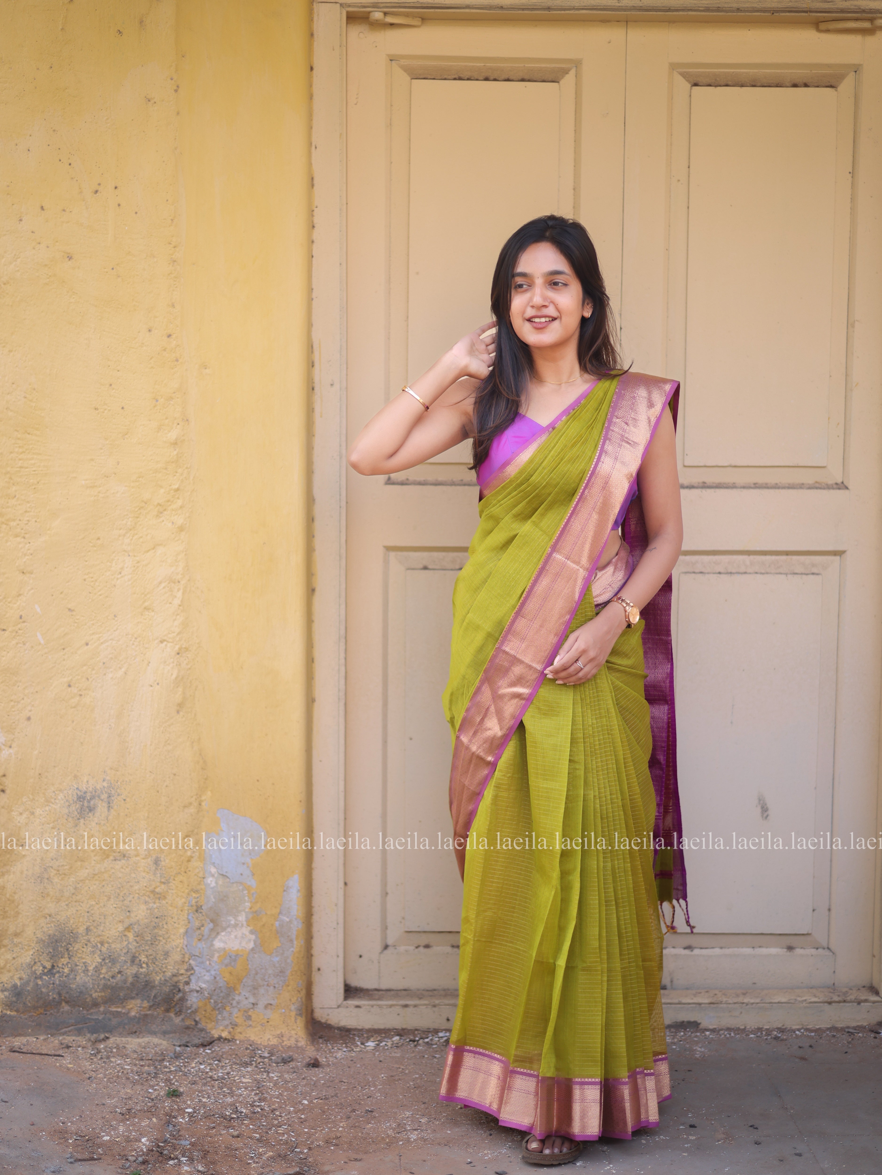 Green with Pink Pure Maheshwari Silk cotton saree