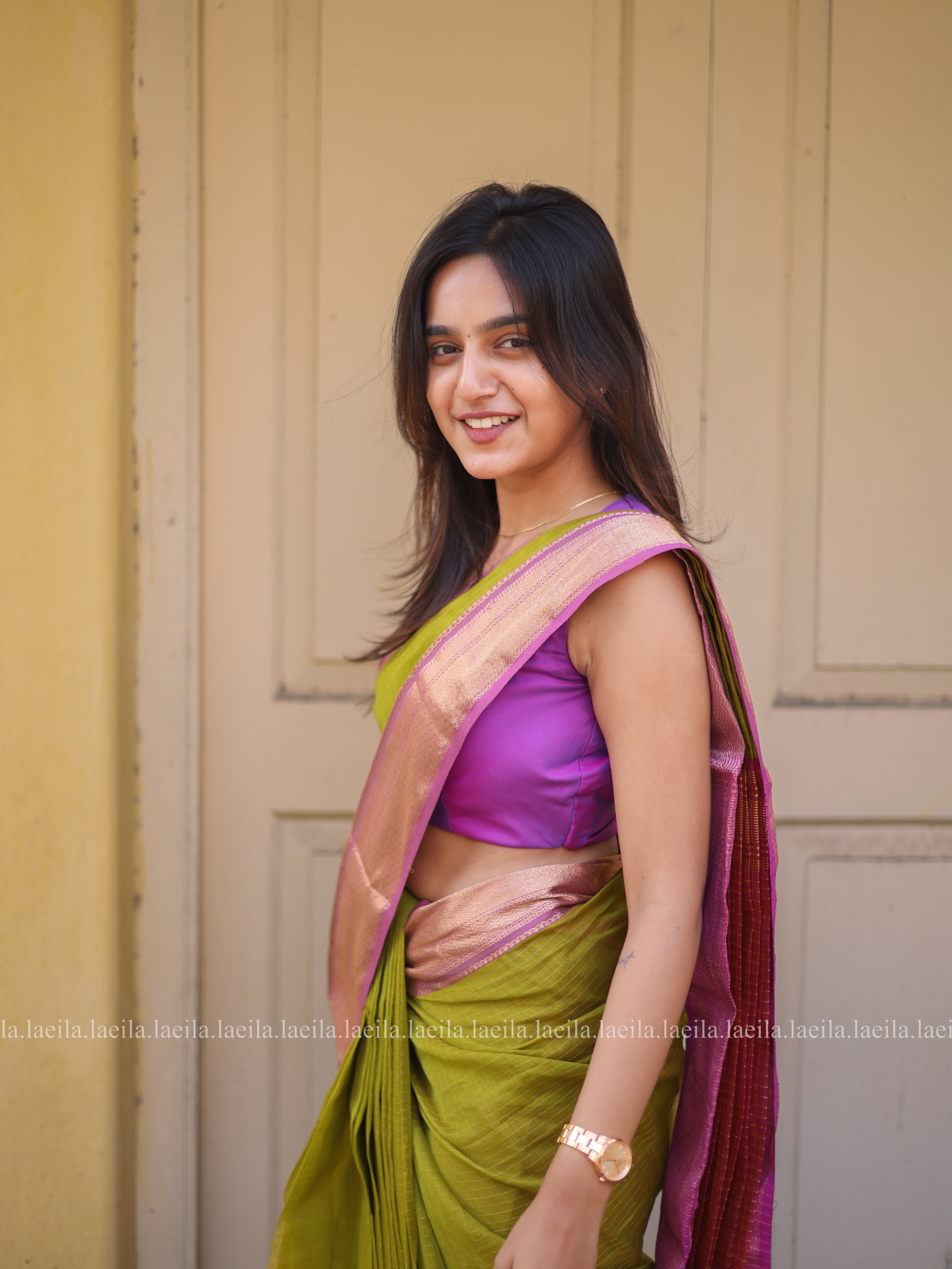 Green with Pink Pure Maheshwari Silk cotton saree