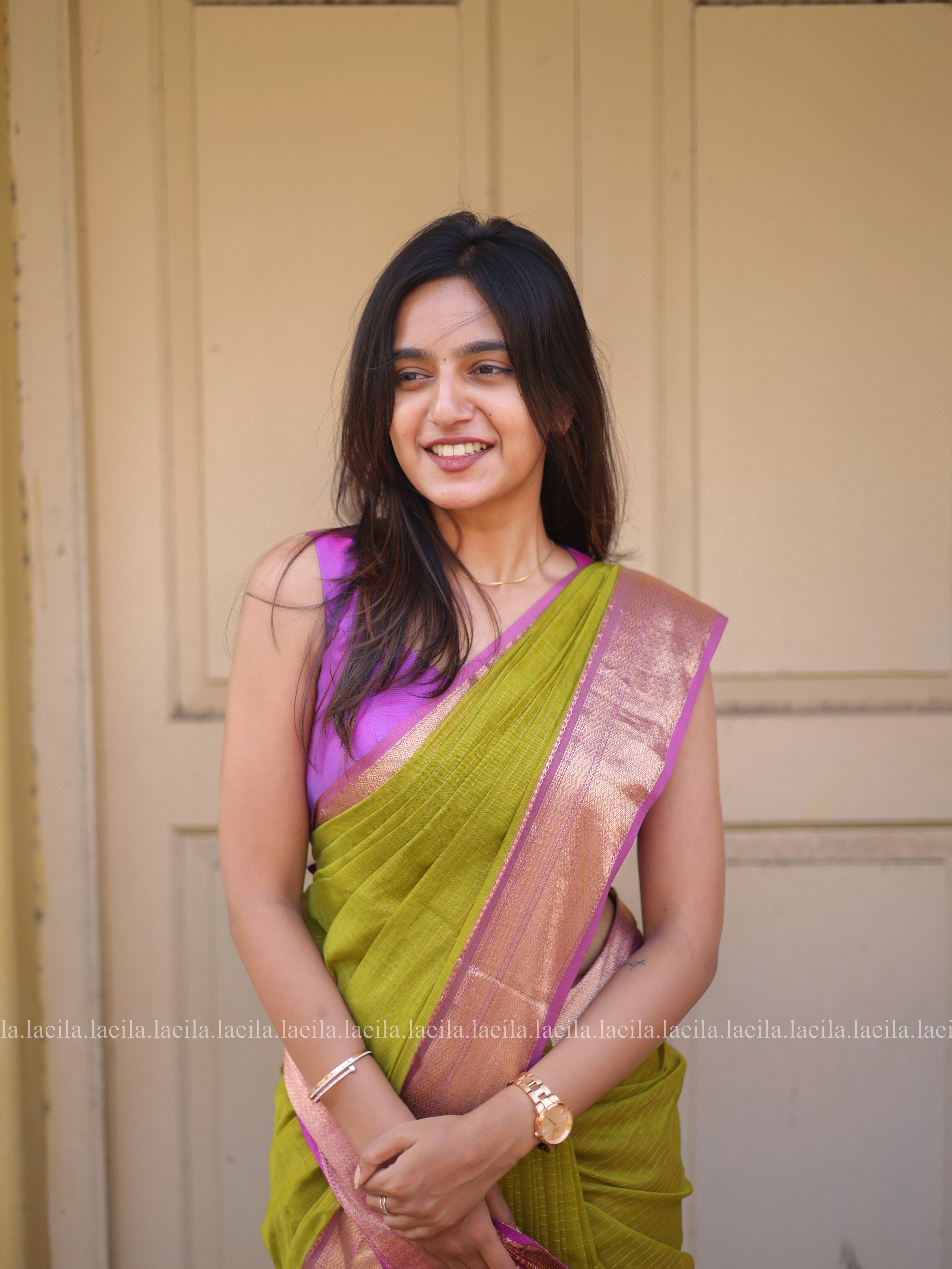 Green with Pink Pure Maheshwari Silk cotton saree