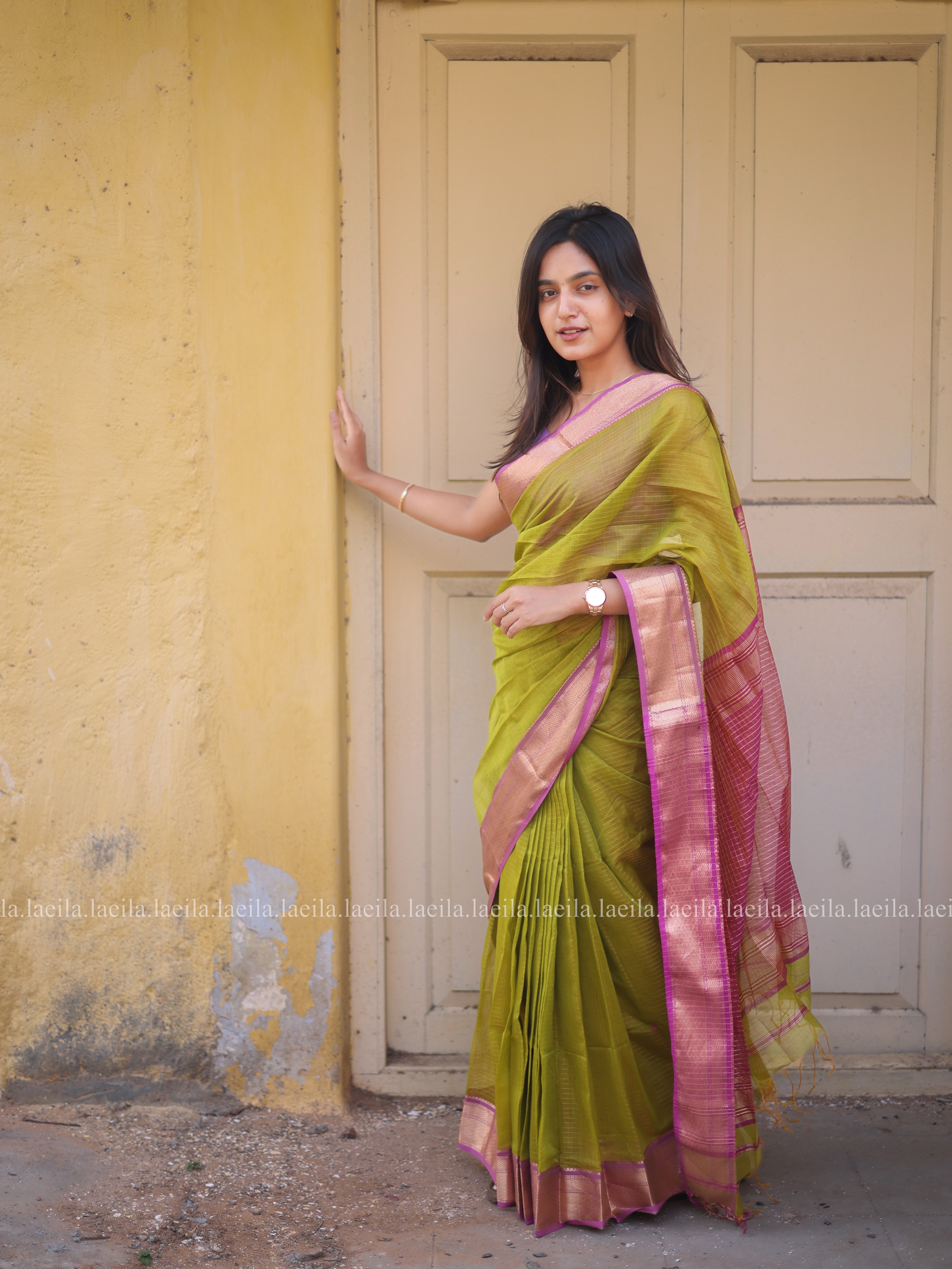 Green with Pink Pure Maheshwari Silk cotton saree