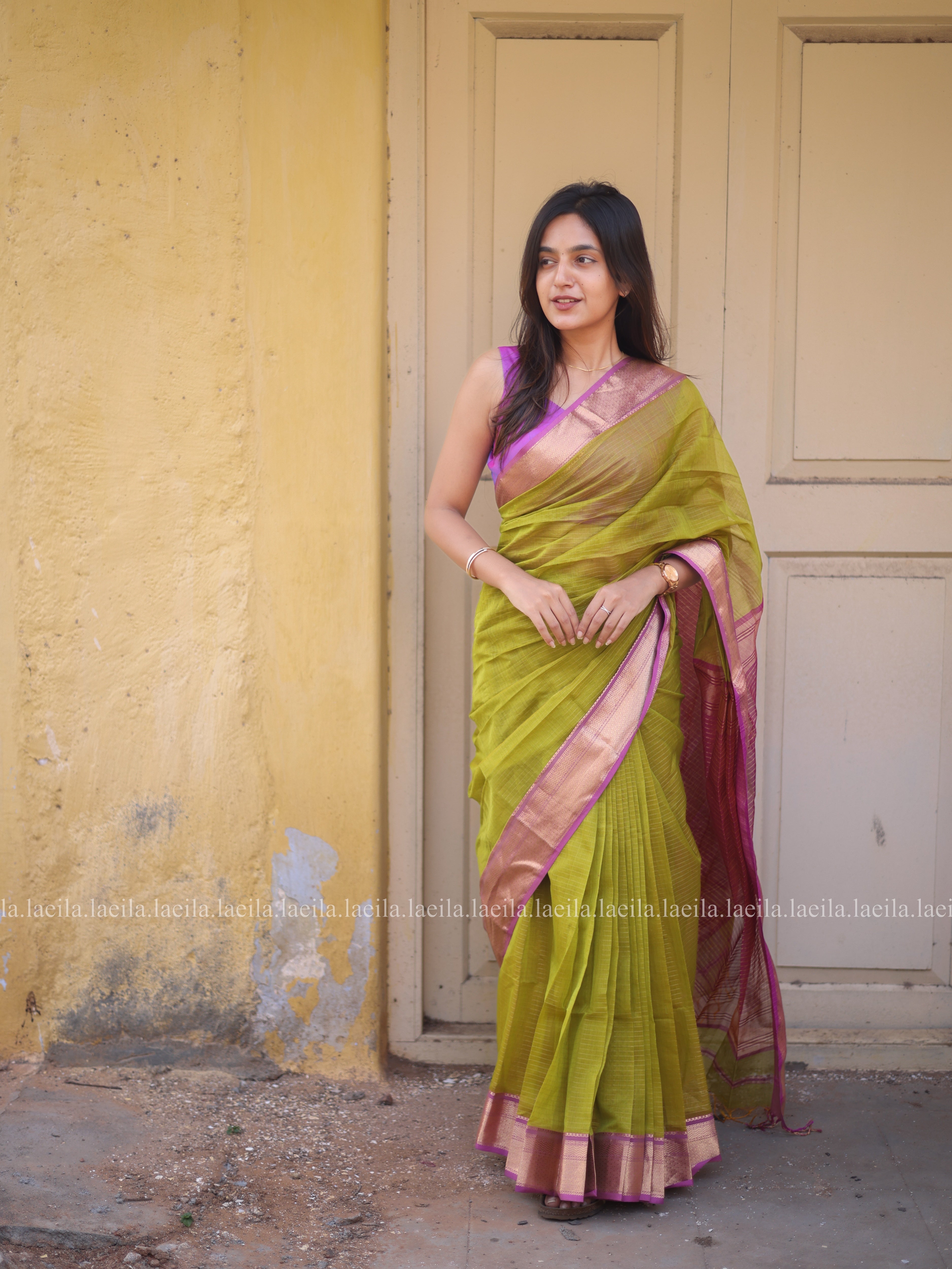 Green with Pink Pure Maheshwari Silk cotton saree