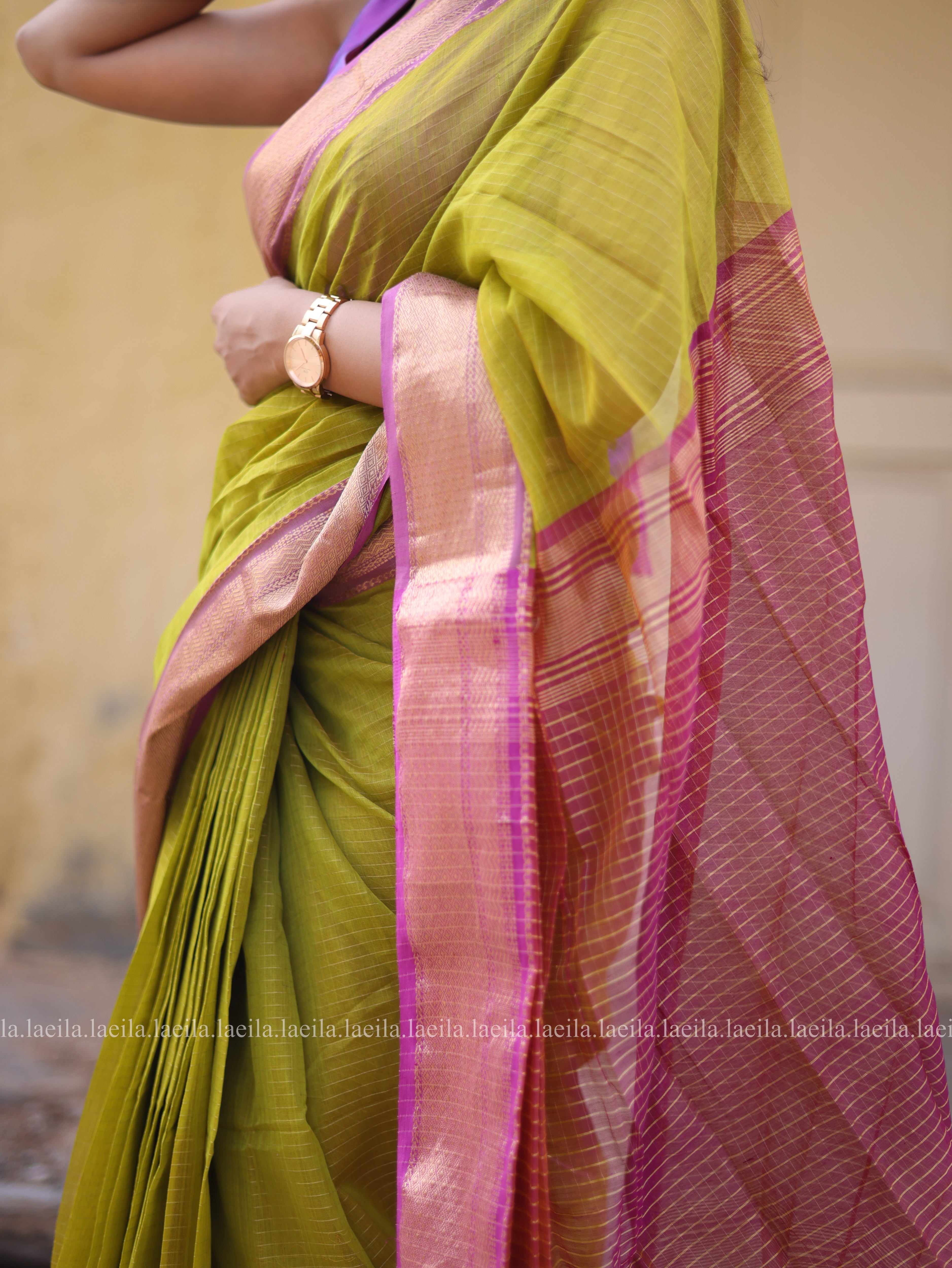 Green with Pink Pure Maheshwari Silk cotton saree
