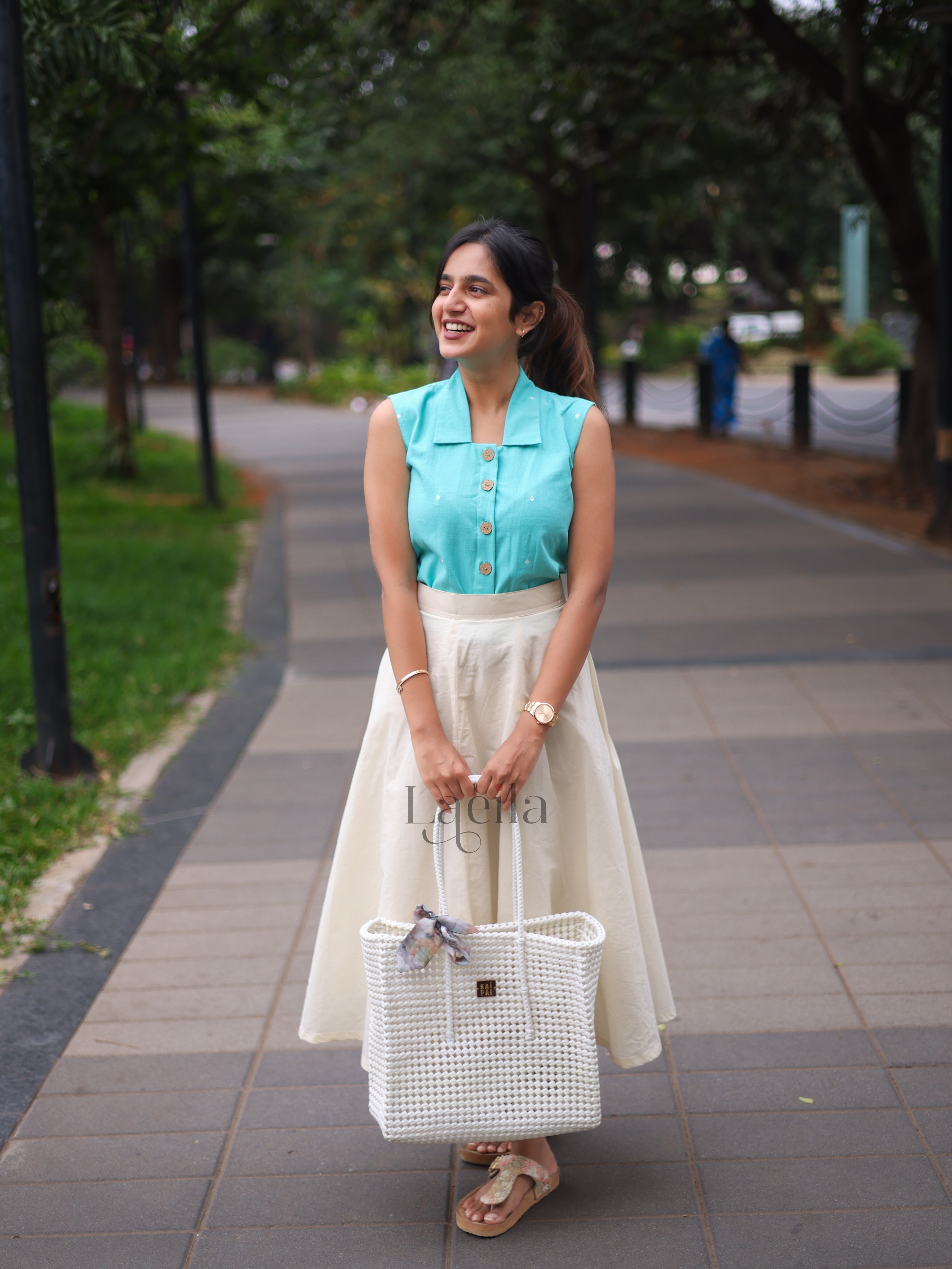 Blue Top & Half White Skirt Set