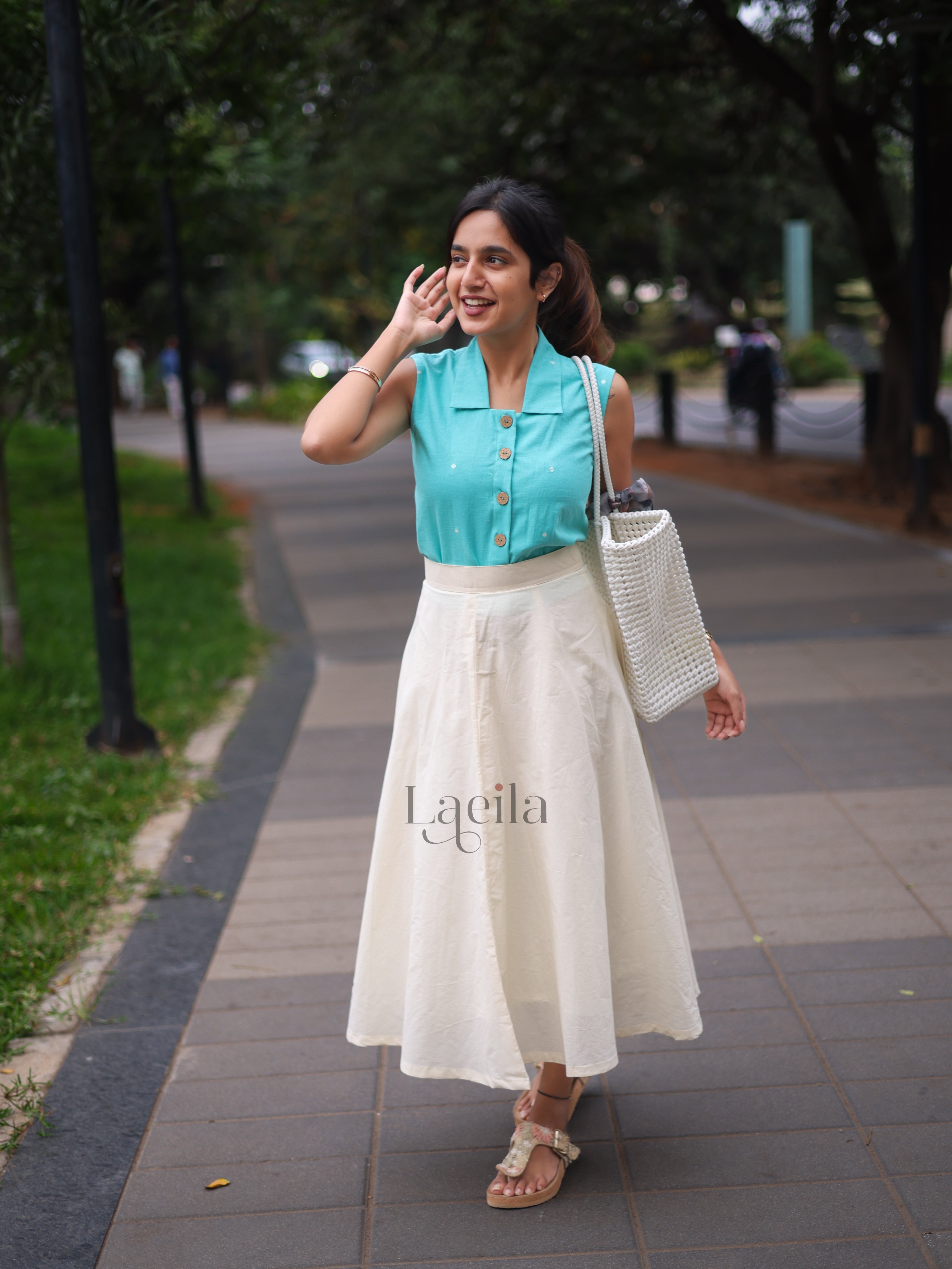 Blue Top & Half White Skirt Set