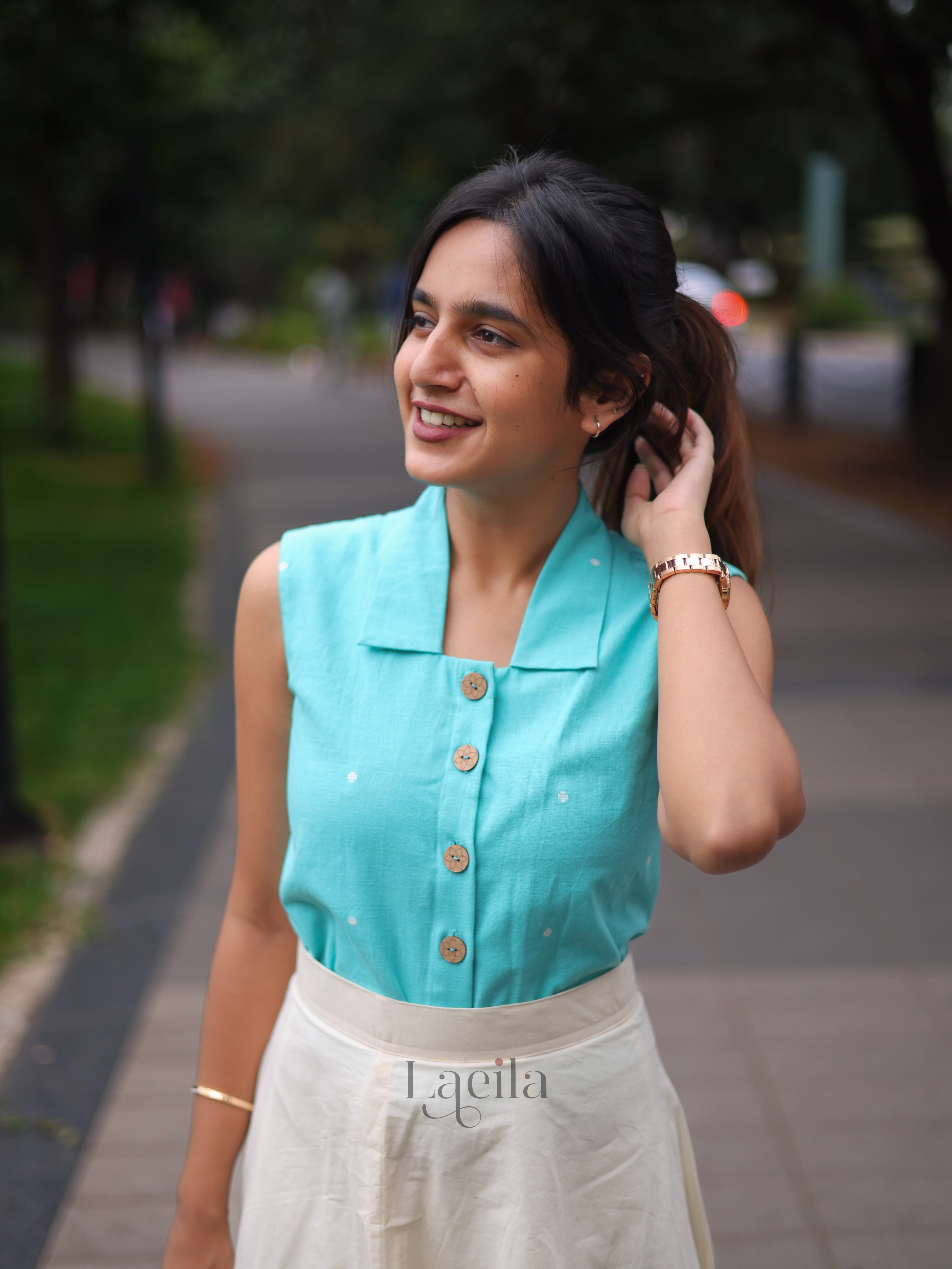 Blue Top & Half White Skirt Set