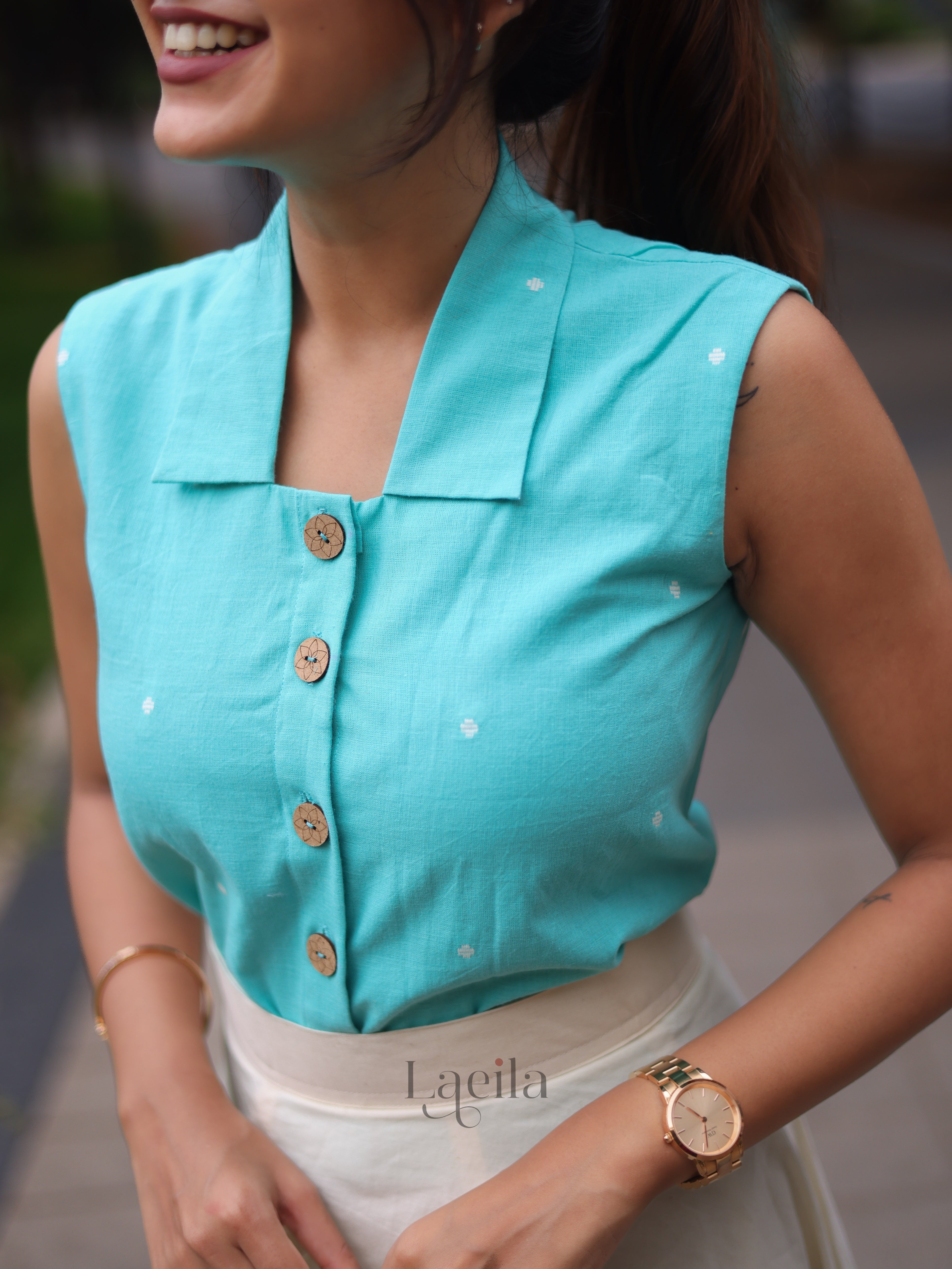 Blue Top & Half White Skirt Set