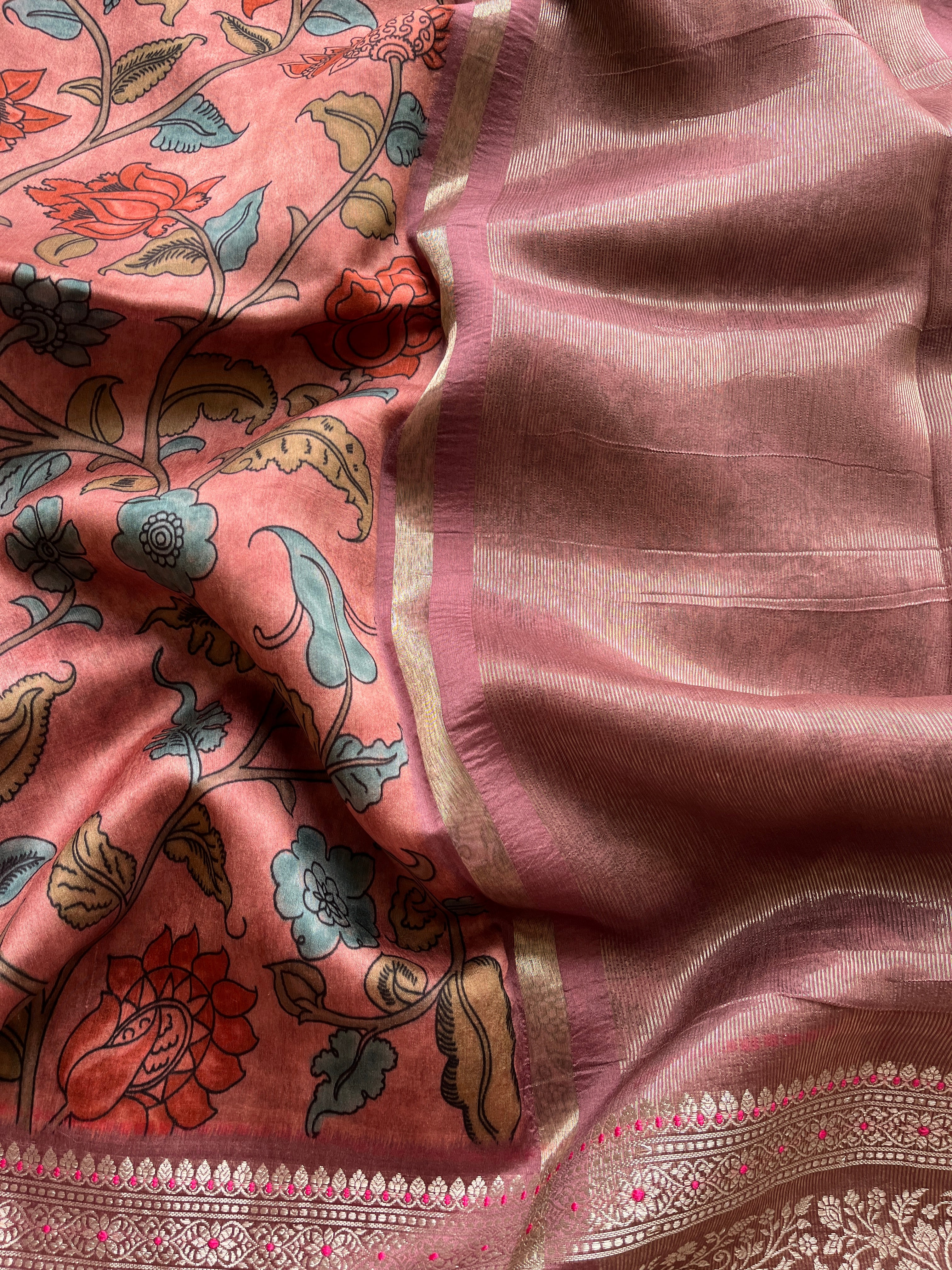 Pink Kalamkari Semi Chanderi saree