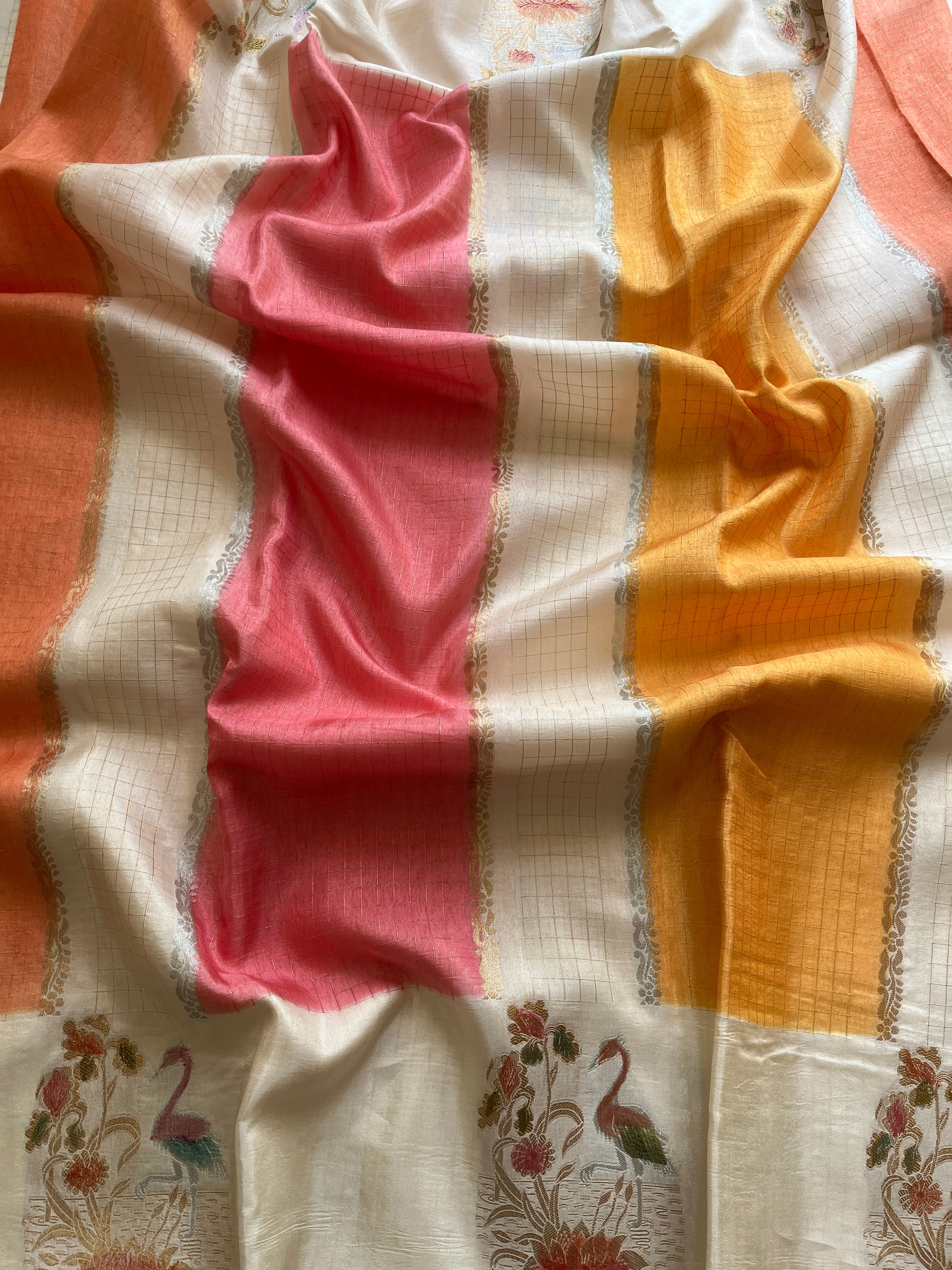 Yellow and Peach Viscose Silk Saree