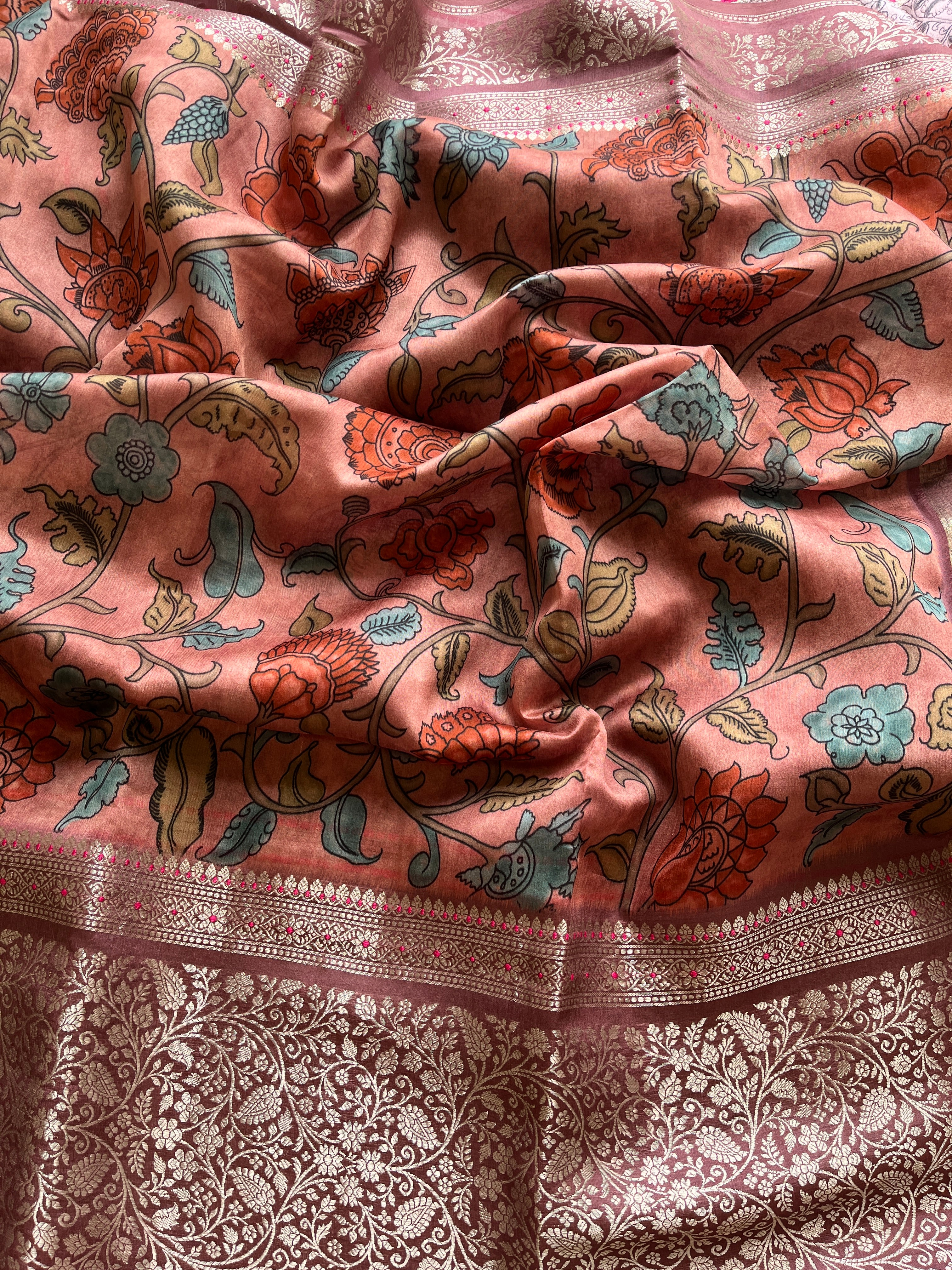 Pink Kalamkari Semi Chanderi saree