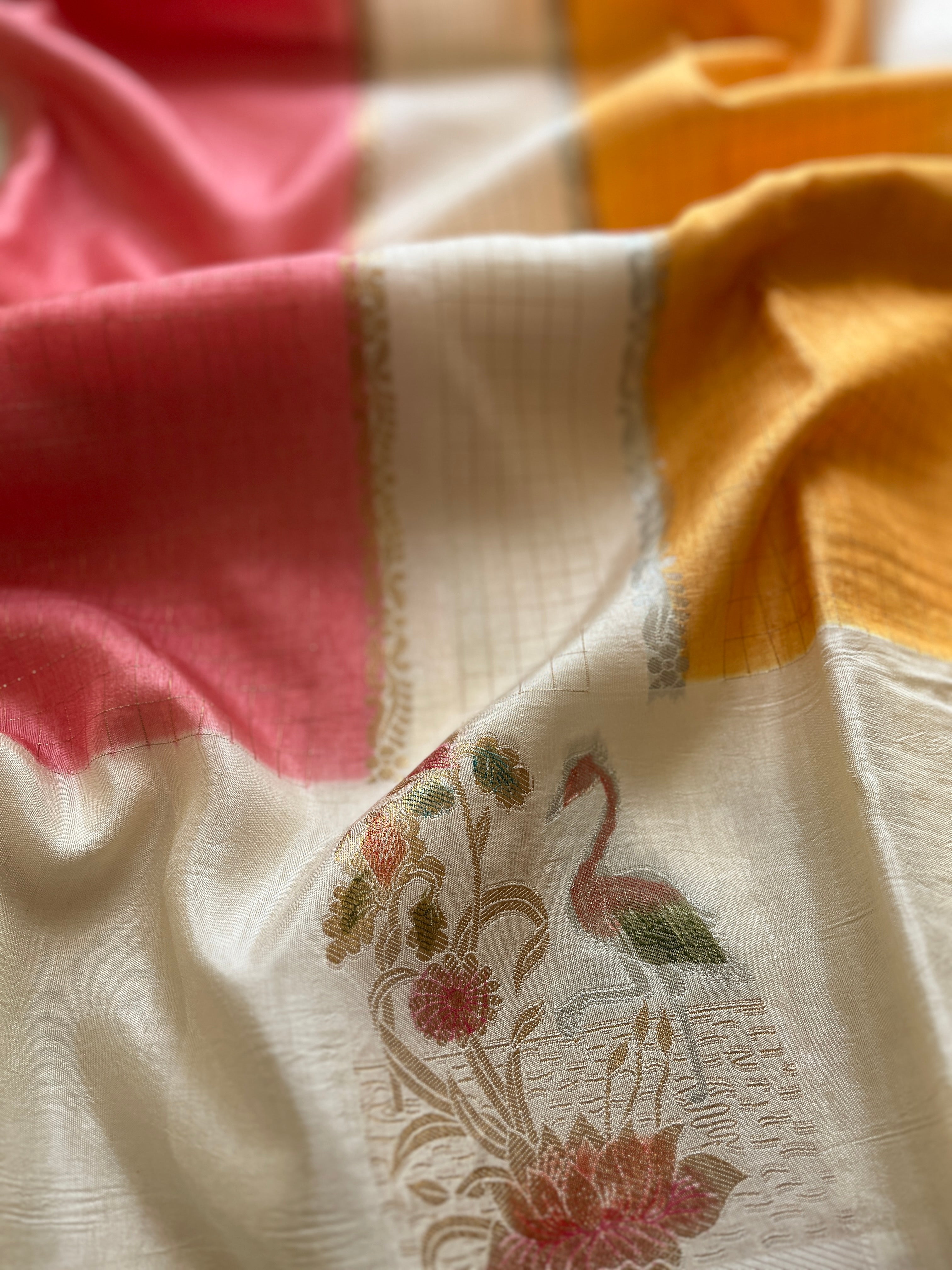 Yellow and Peach Viscose Silk Saree