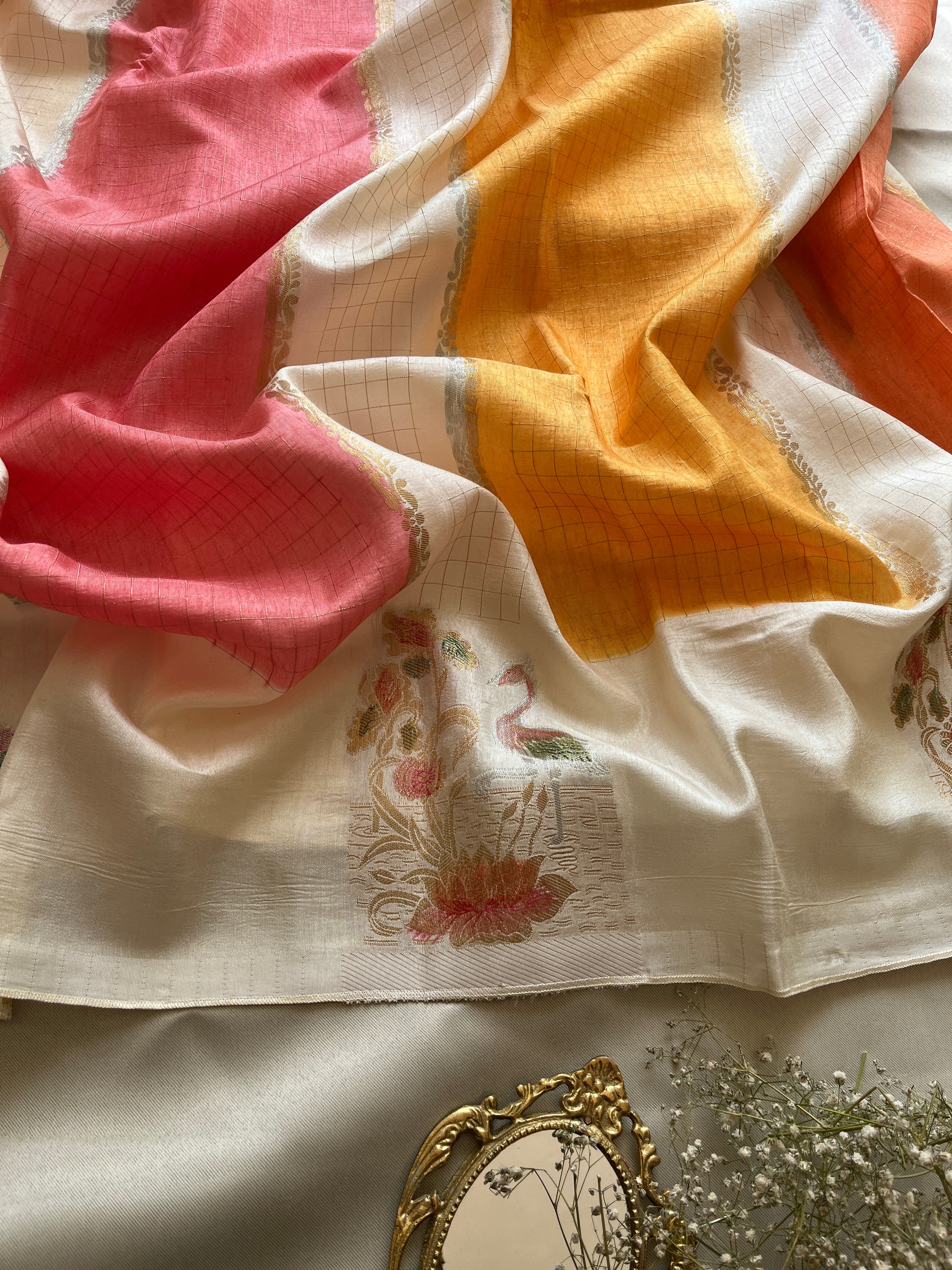 Yellow and Peach Viscose Silk Saree
