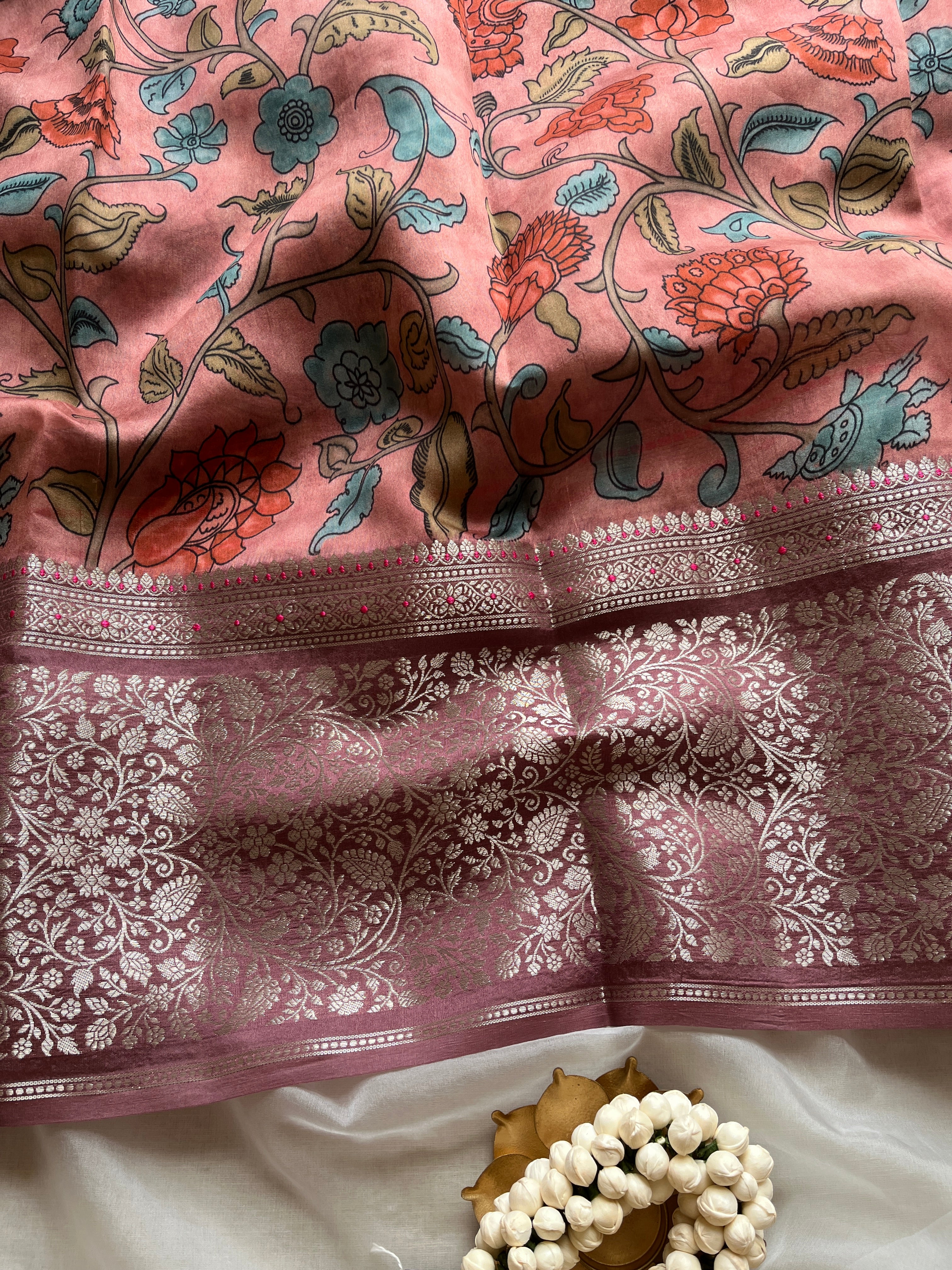 Pink Kalamkari Semi Chanderi saree