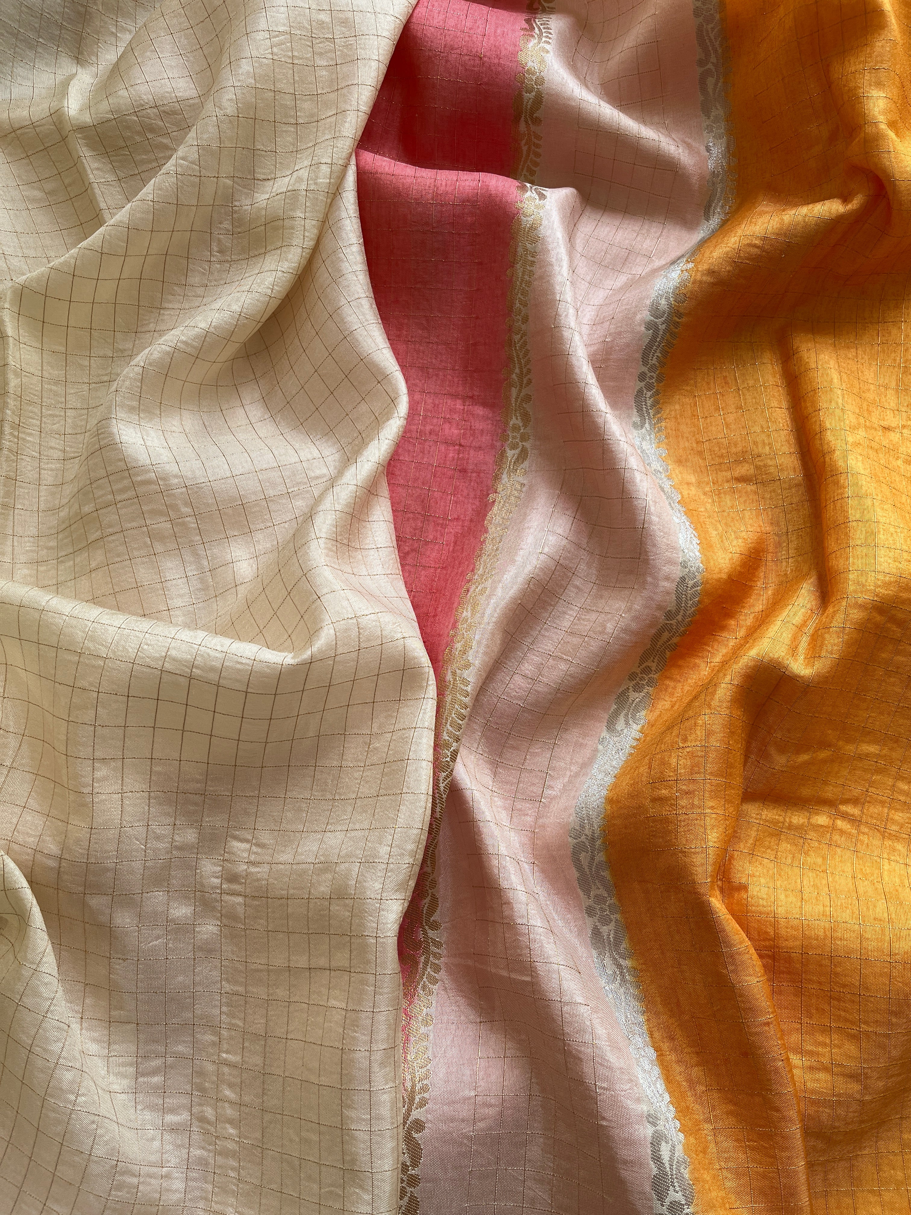 Yellow and Peach Viscose Silk Saree