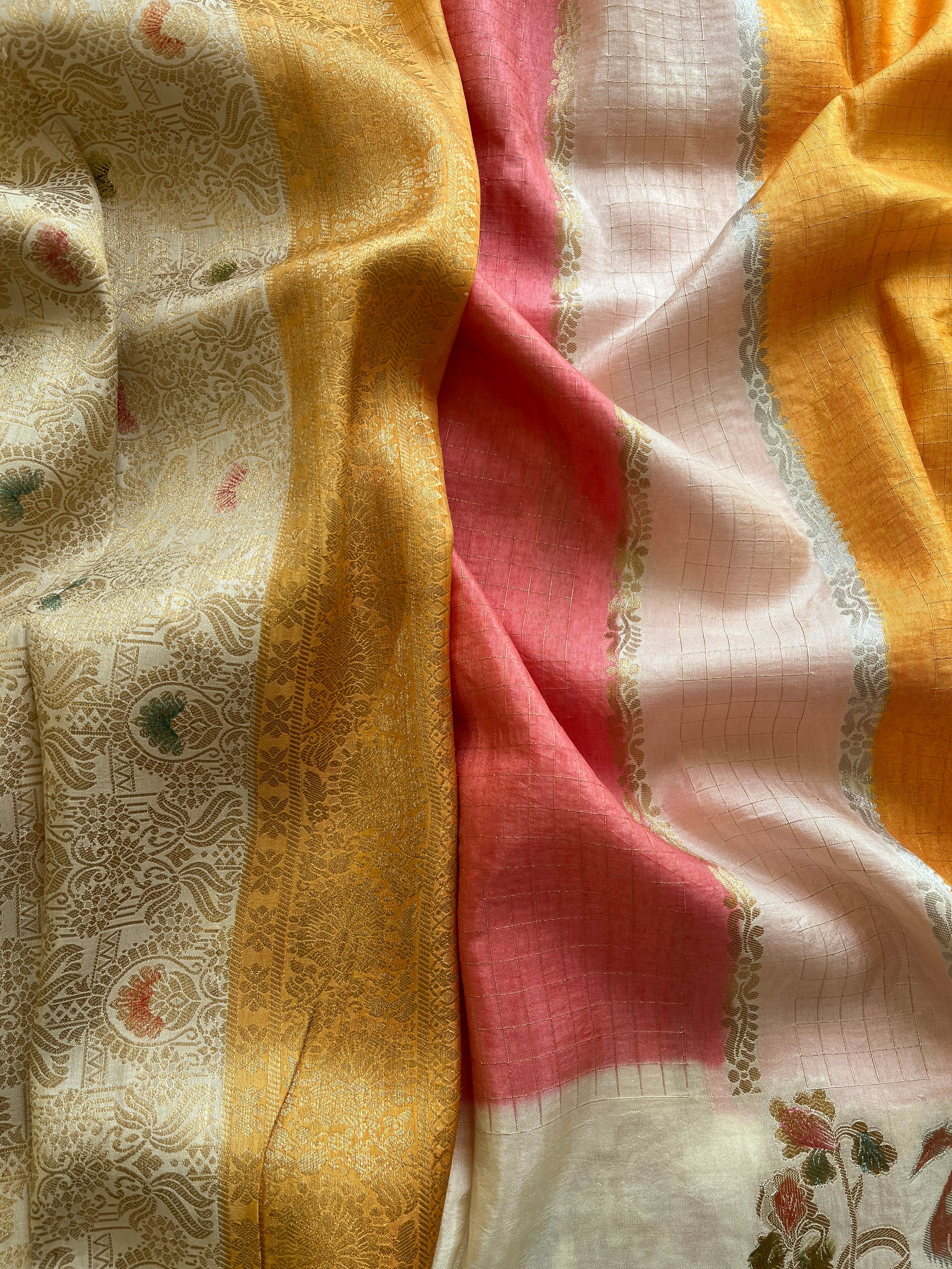 Yellow and Peach Viscose Silk Saree