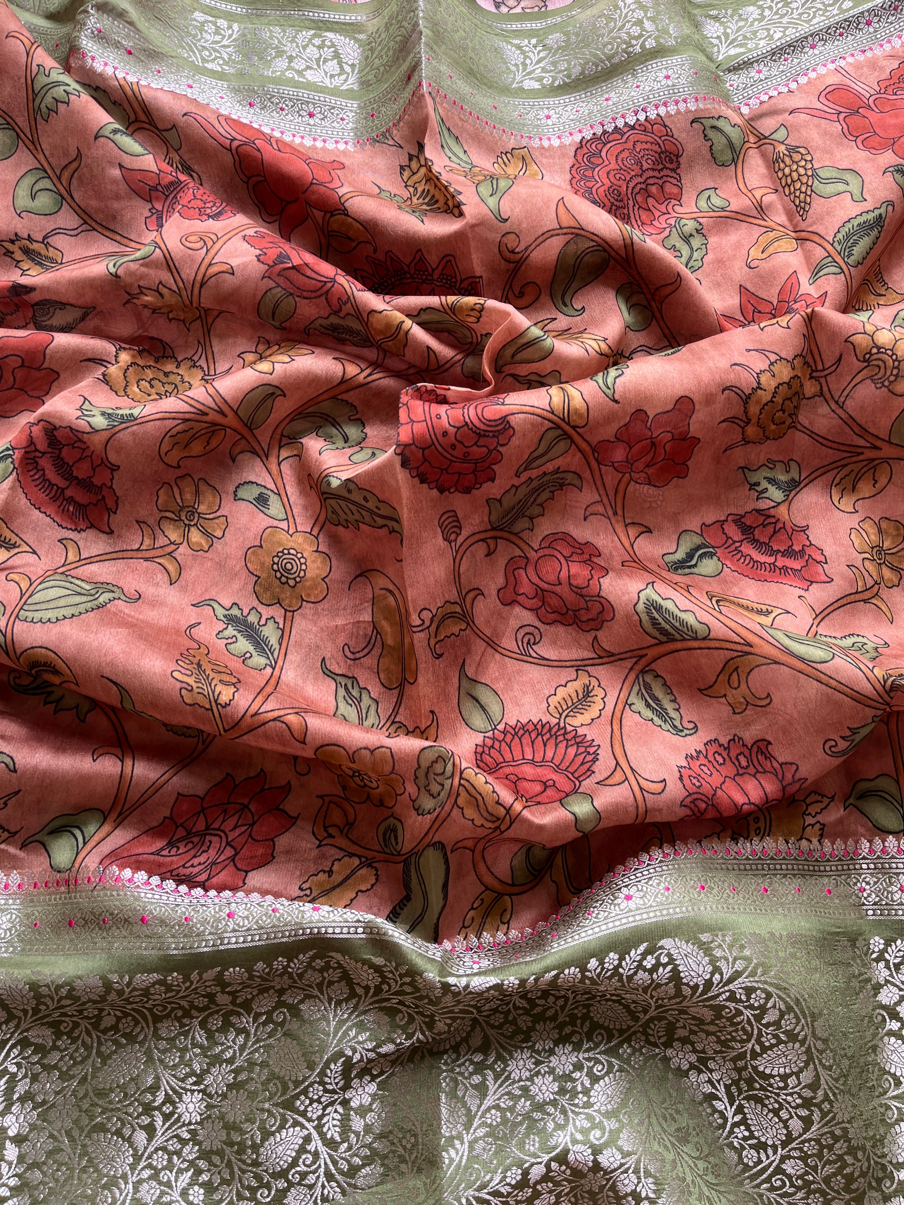 Brown Kalamkari Semi Chanderi saree