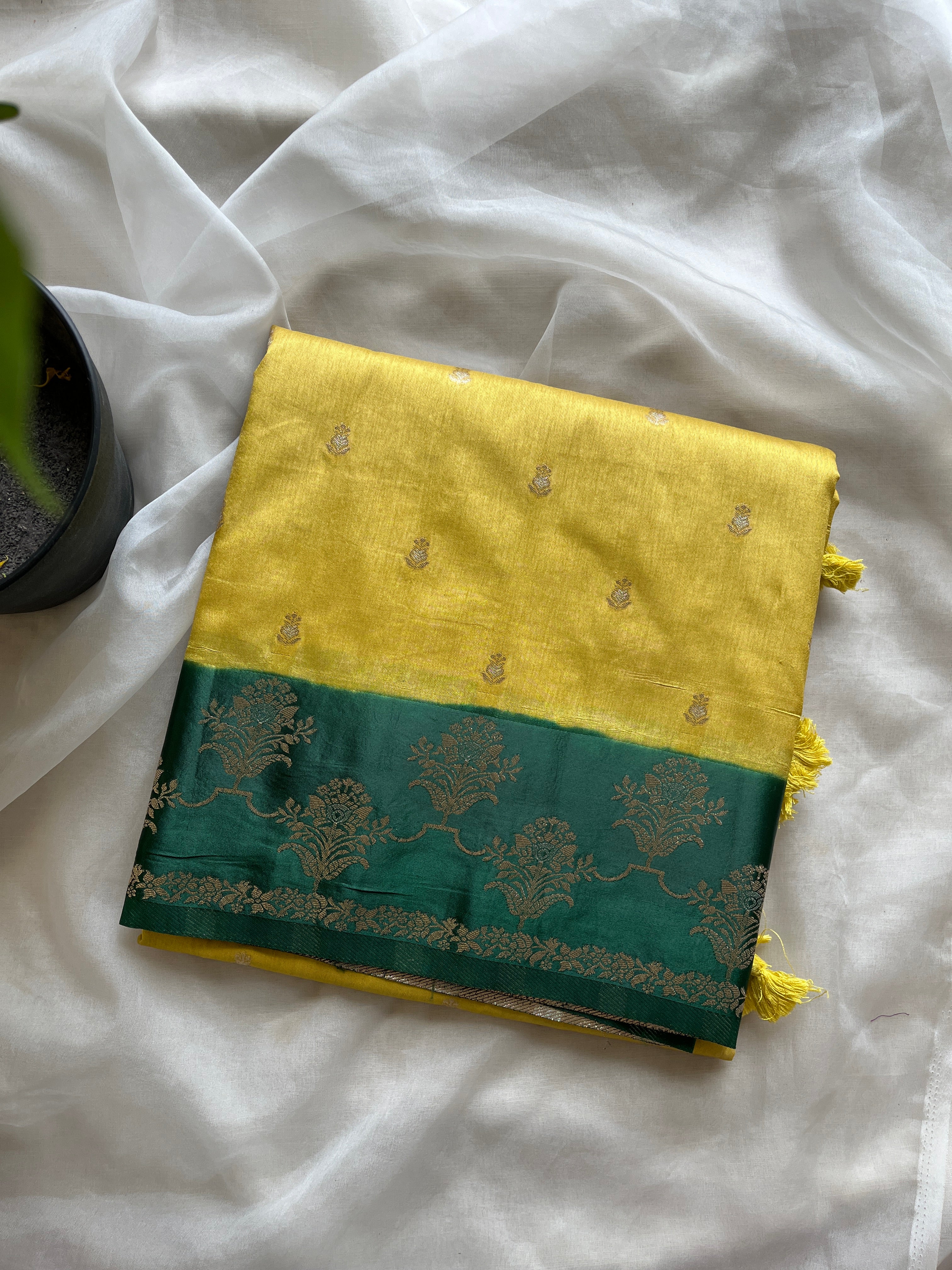 Yellow semi silk saree with satin border
