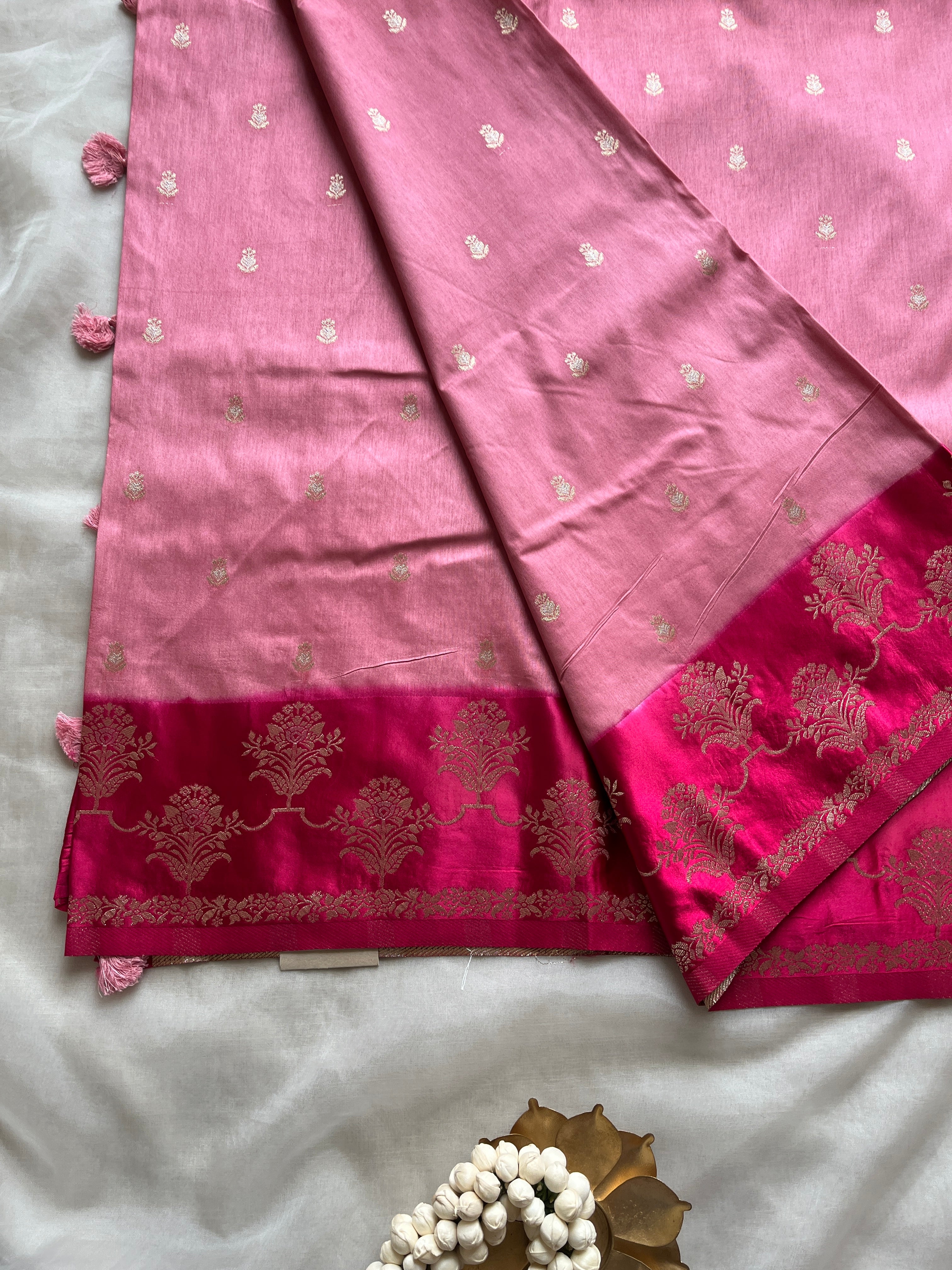 Pink semi silk saree with satin border