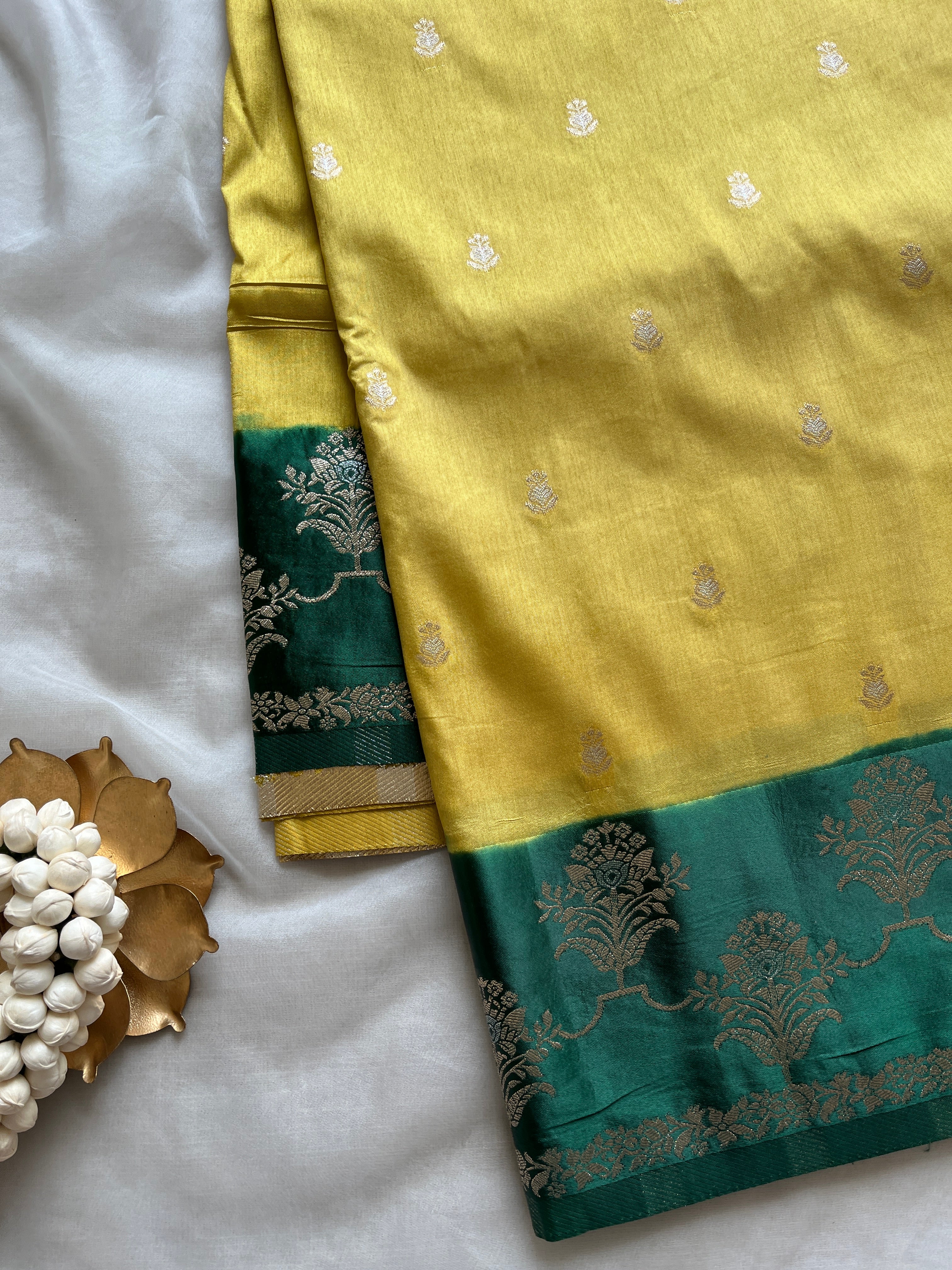 Yellow semi silk saree with satin border