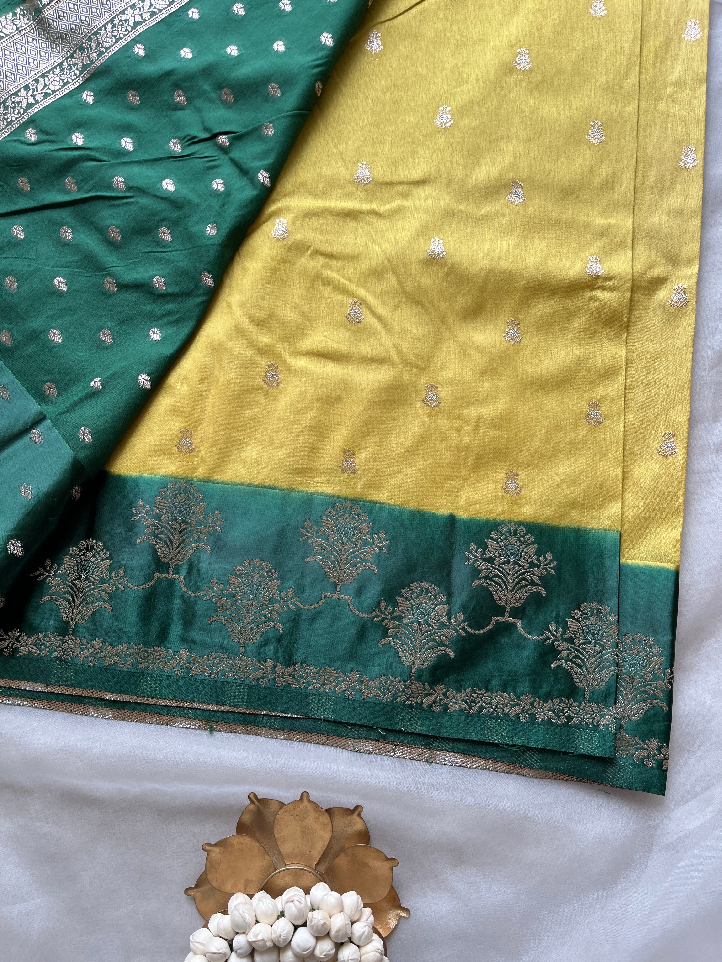 Yellow semi silk saree with satin border
