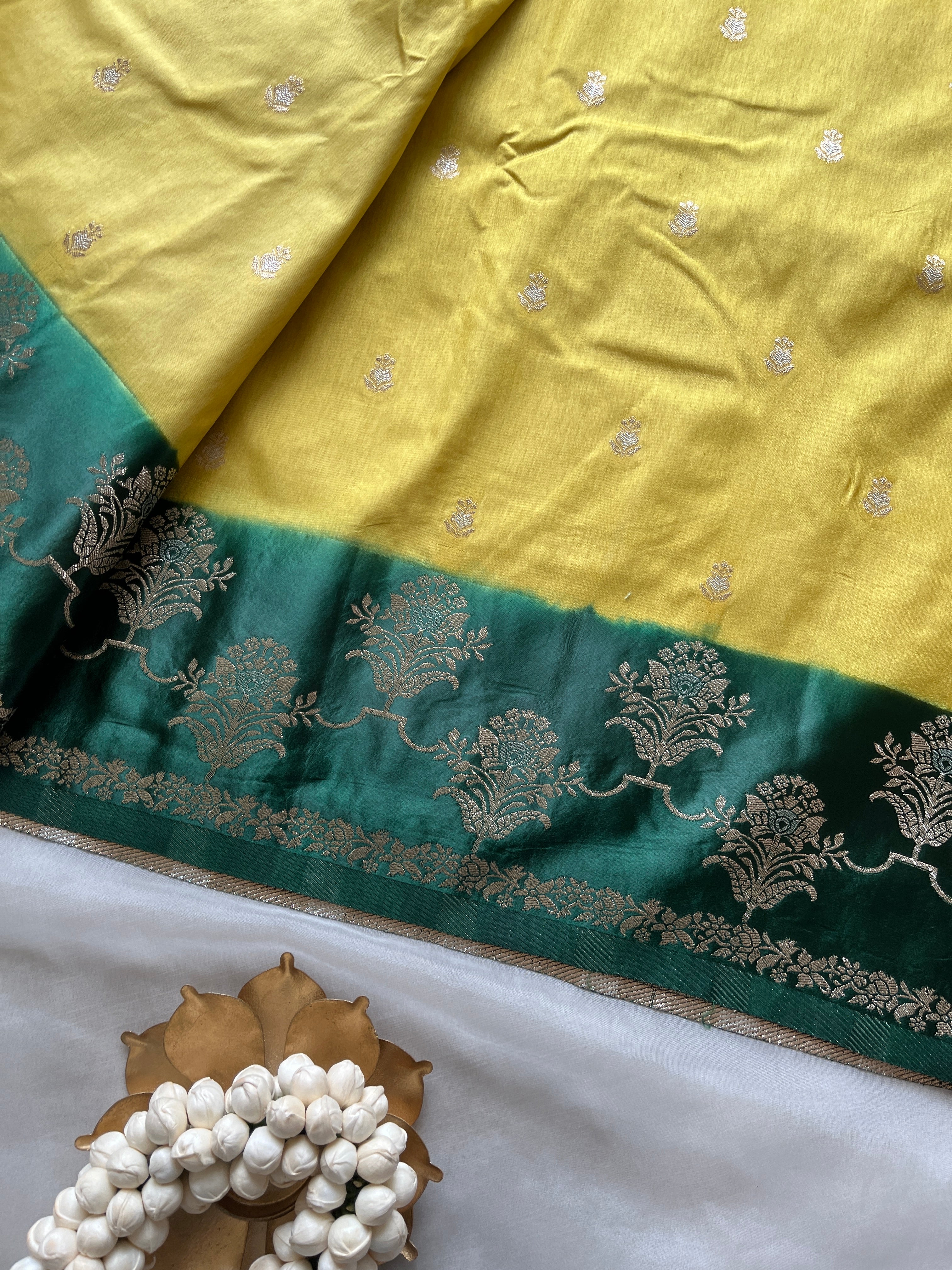 Yellow semi silk saree with satin border
