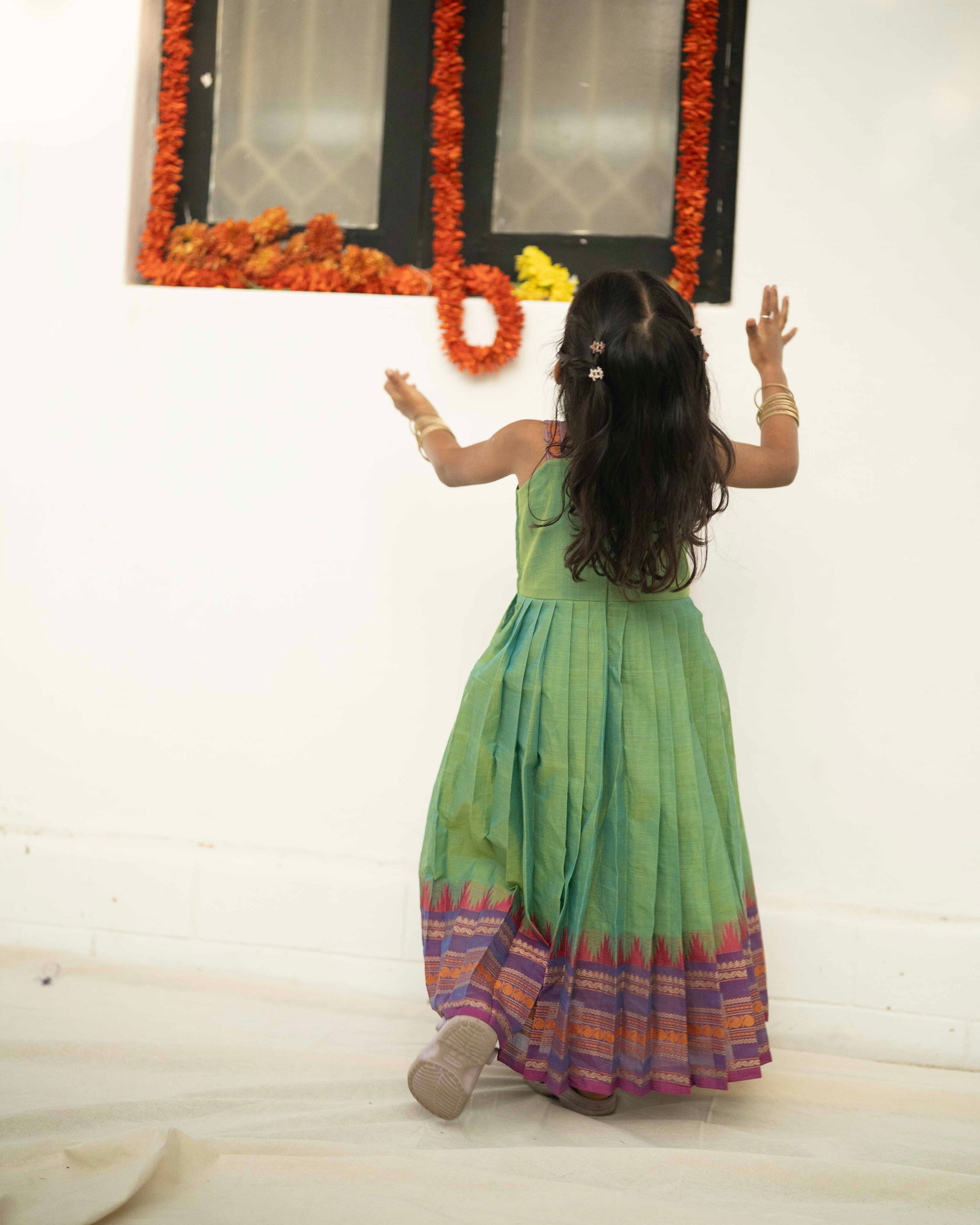 Green Pleated Kanchi cotton Dress