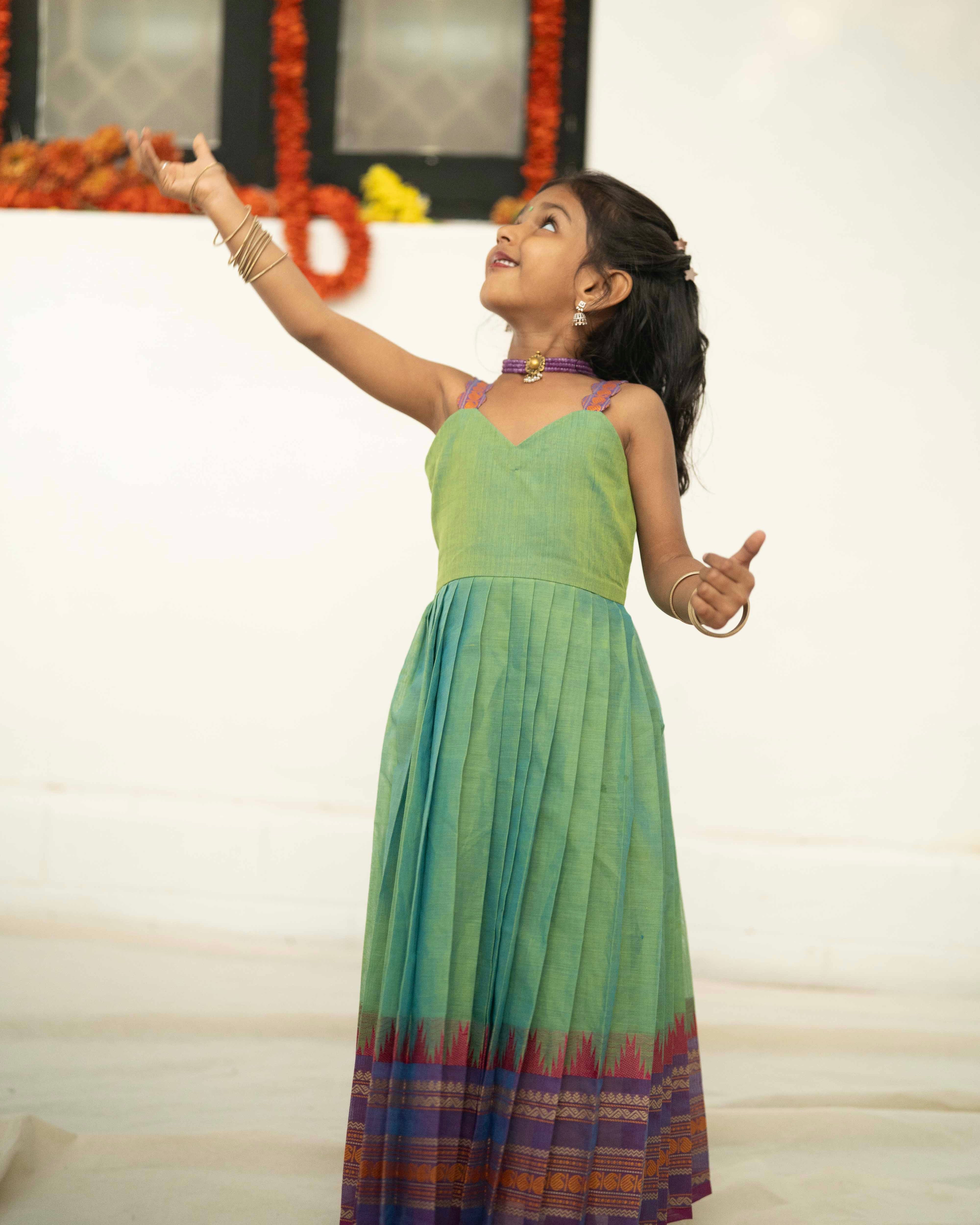 Green Pleated Kanchi cotton Dress