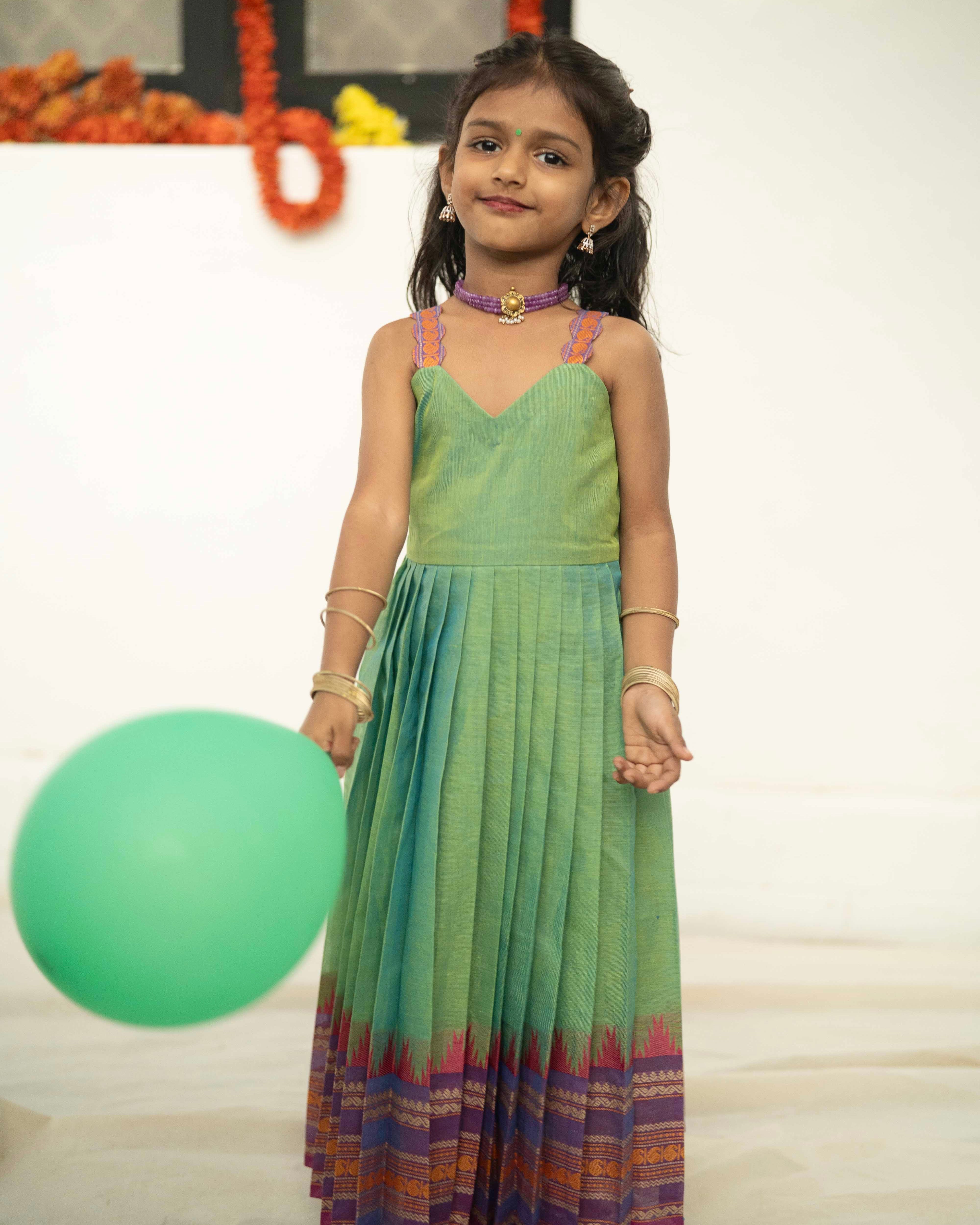 Green Pleated Kanchi cotton Dress