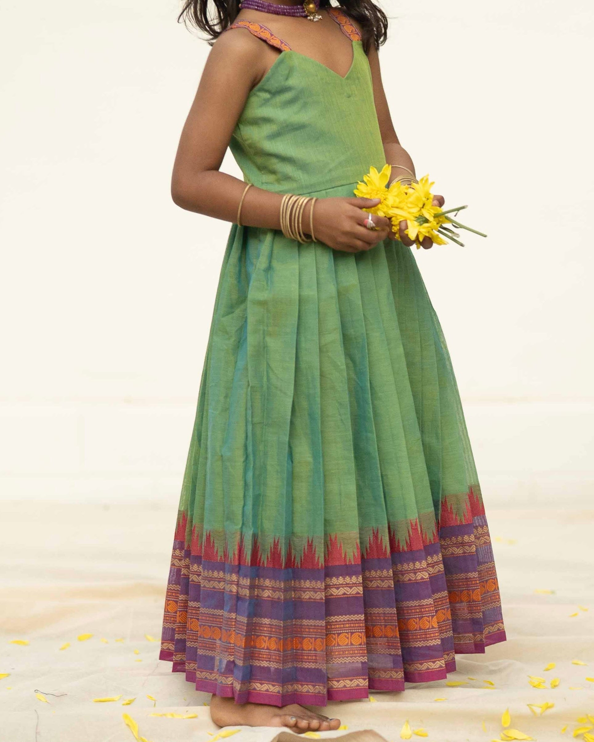 Green Pleated Kanchi cotton Dress