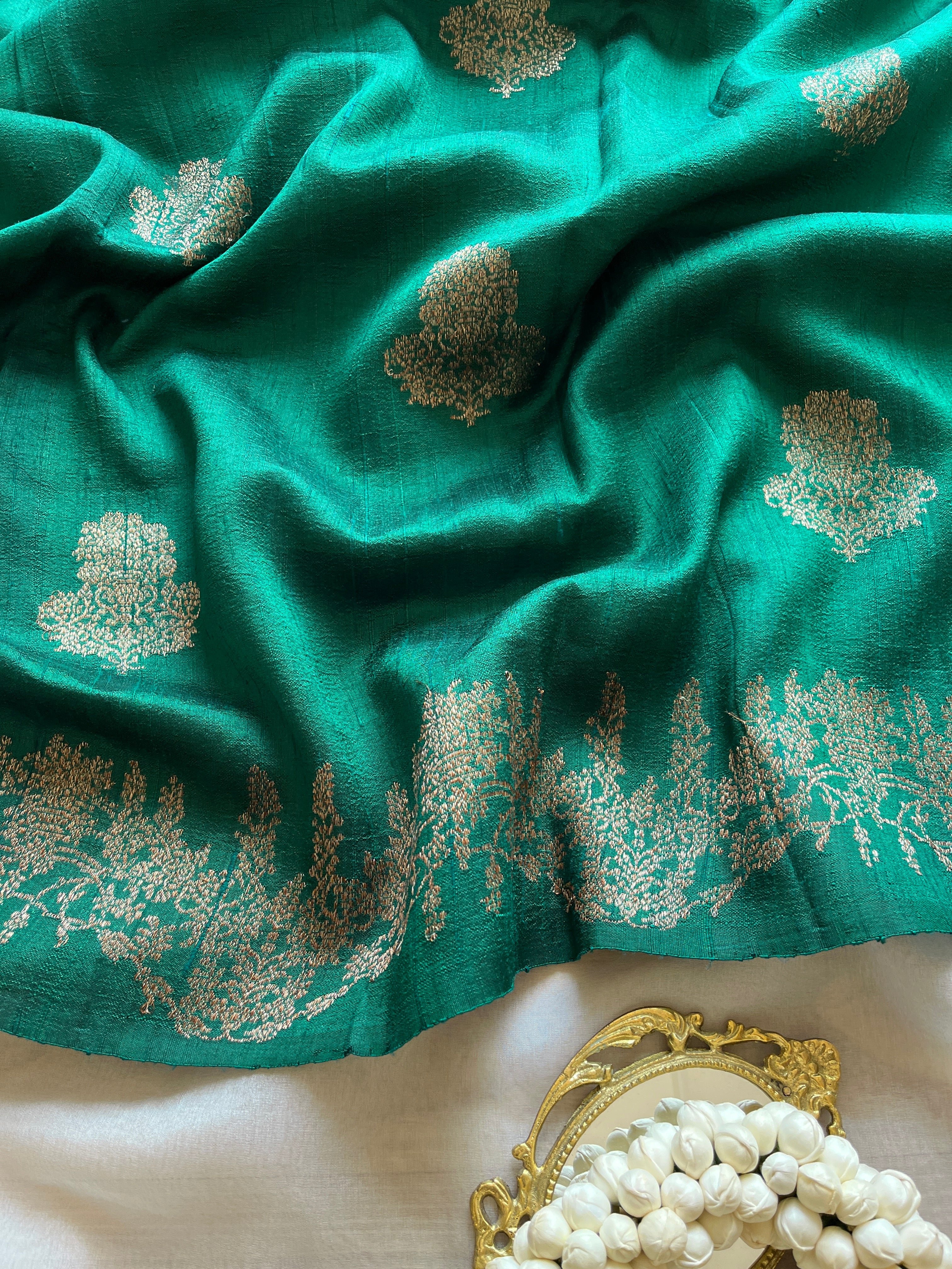 Bottle Green Kora Raw Silk Saree