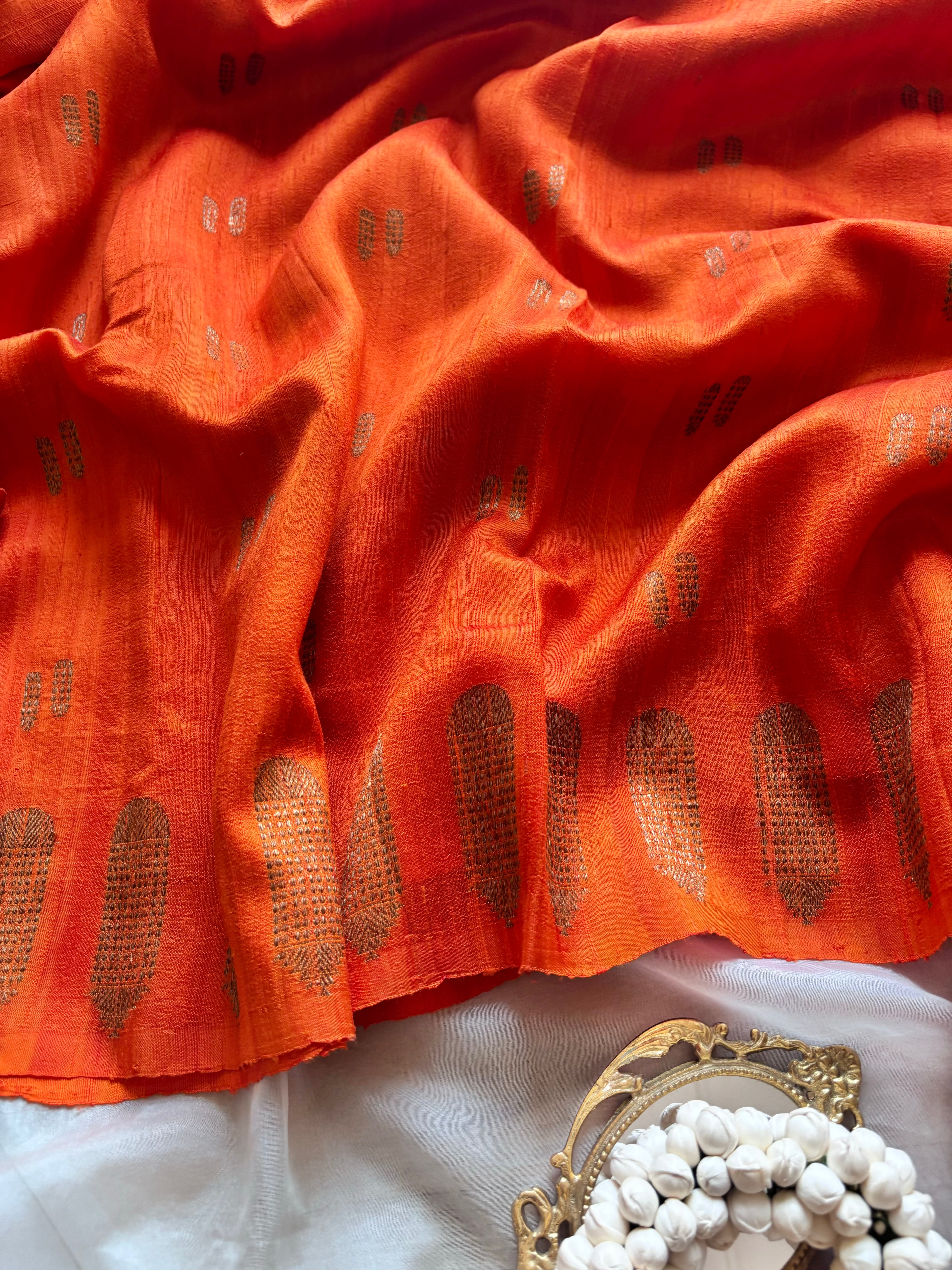 Orange Kora Raw Silk Saree