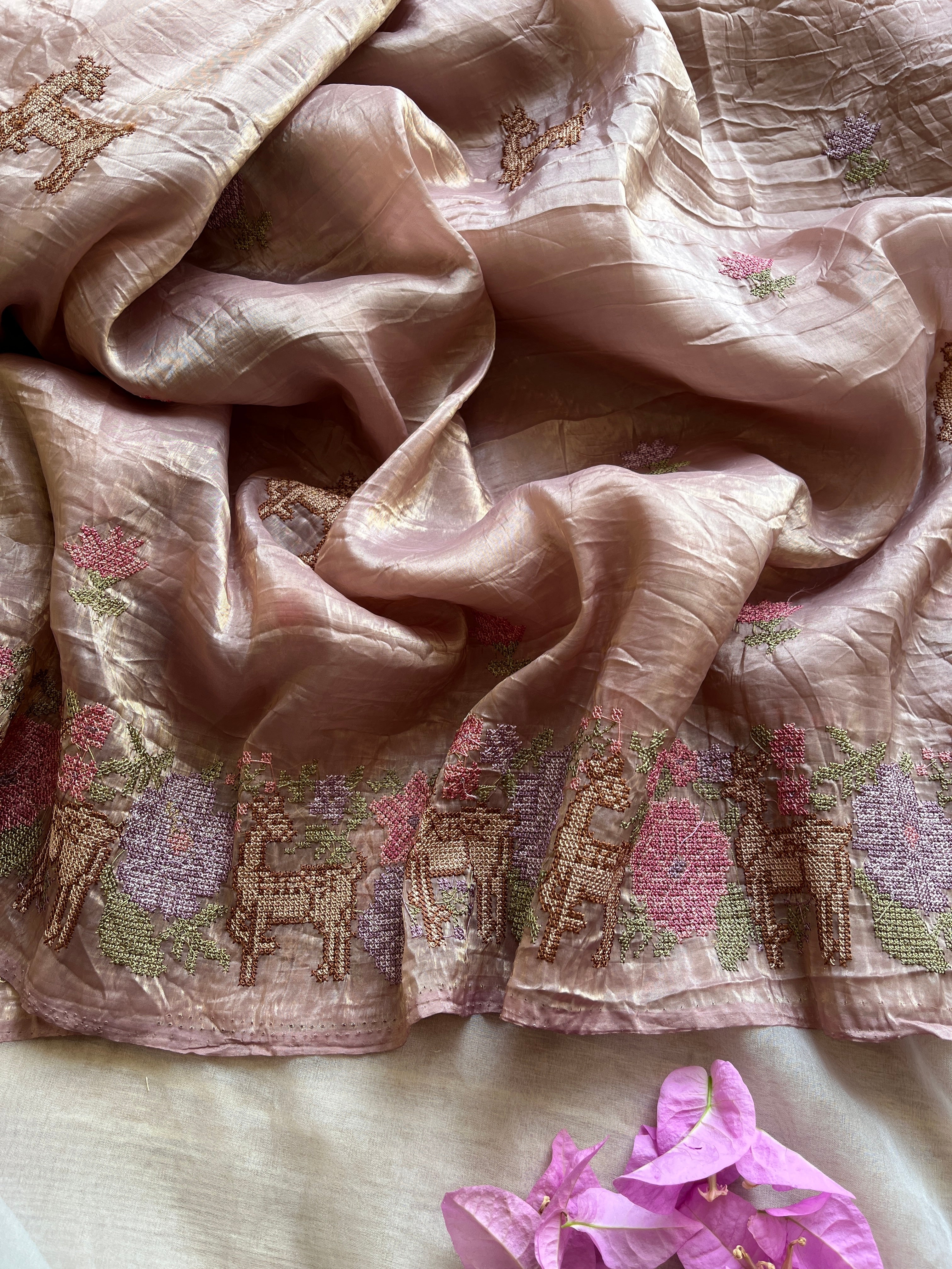 Vintage Mauve Crushed Tissue saree
