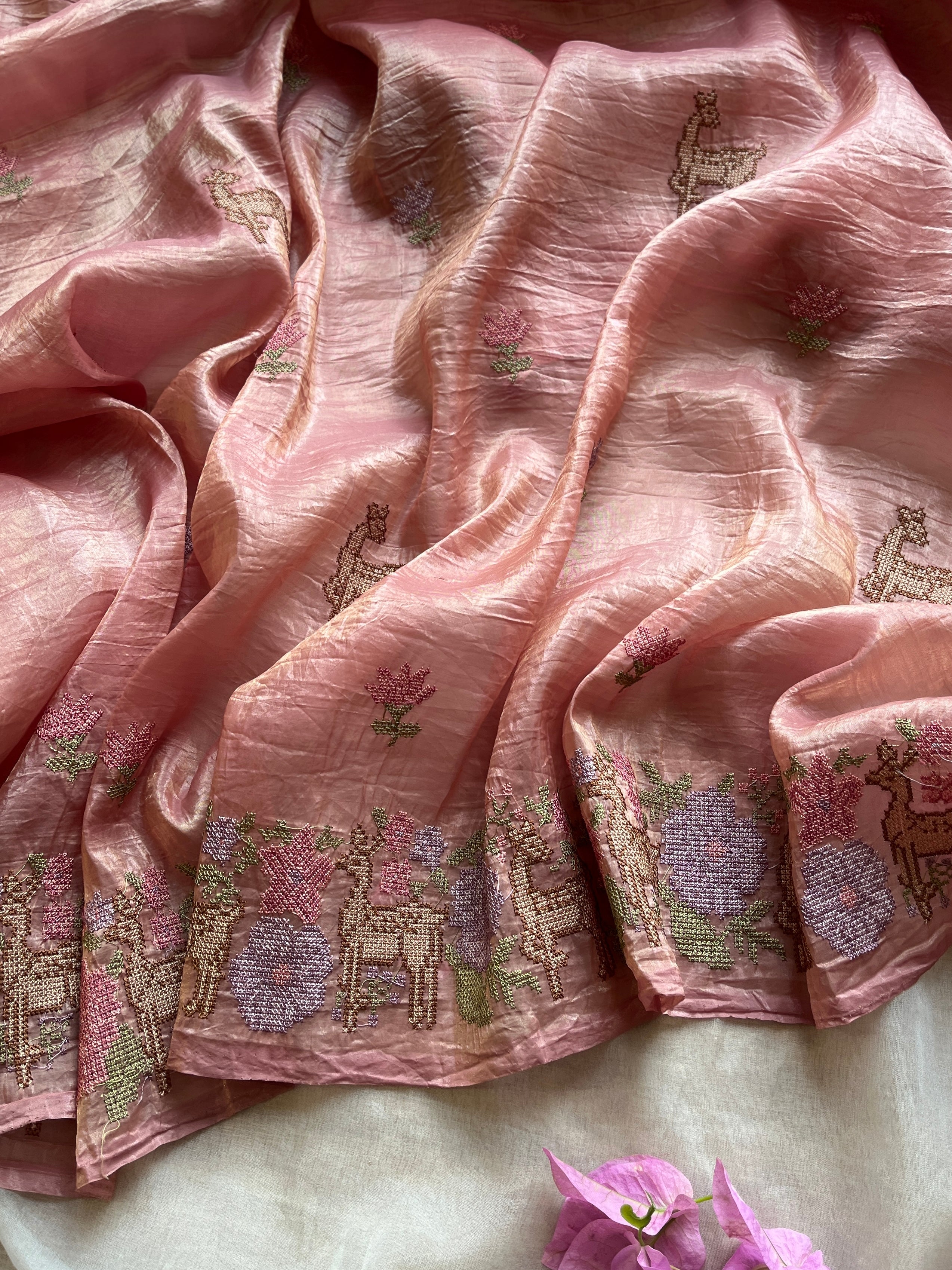 Peach Crushed Tissue saree