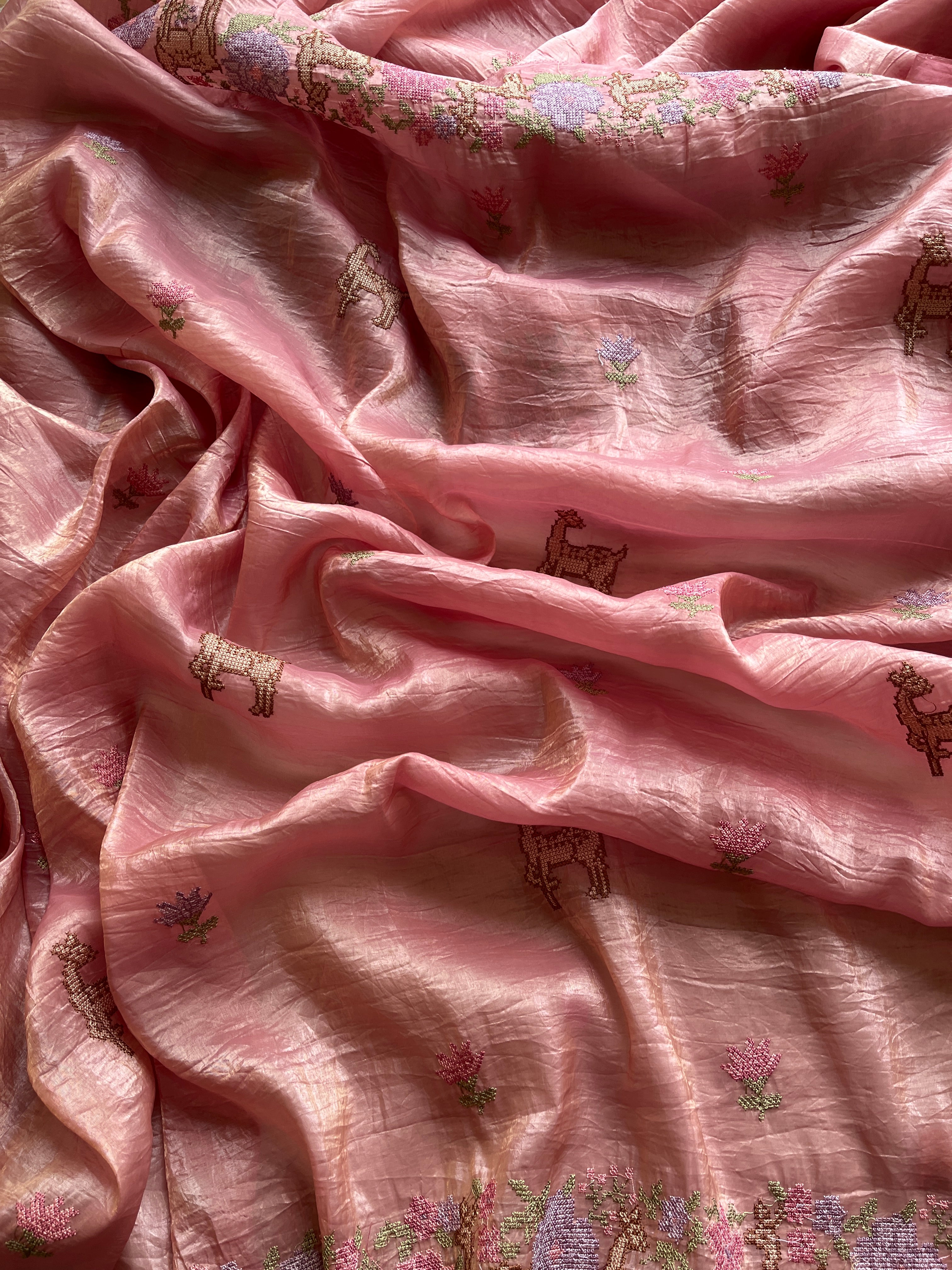 Peach Crushed Tissue saree