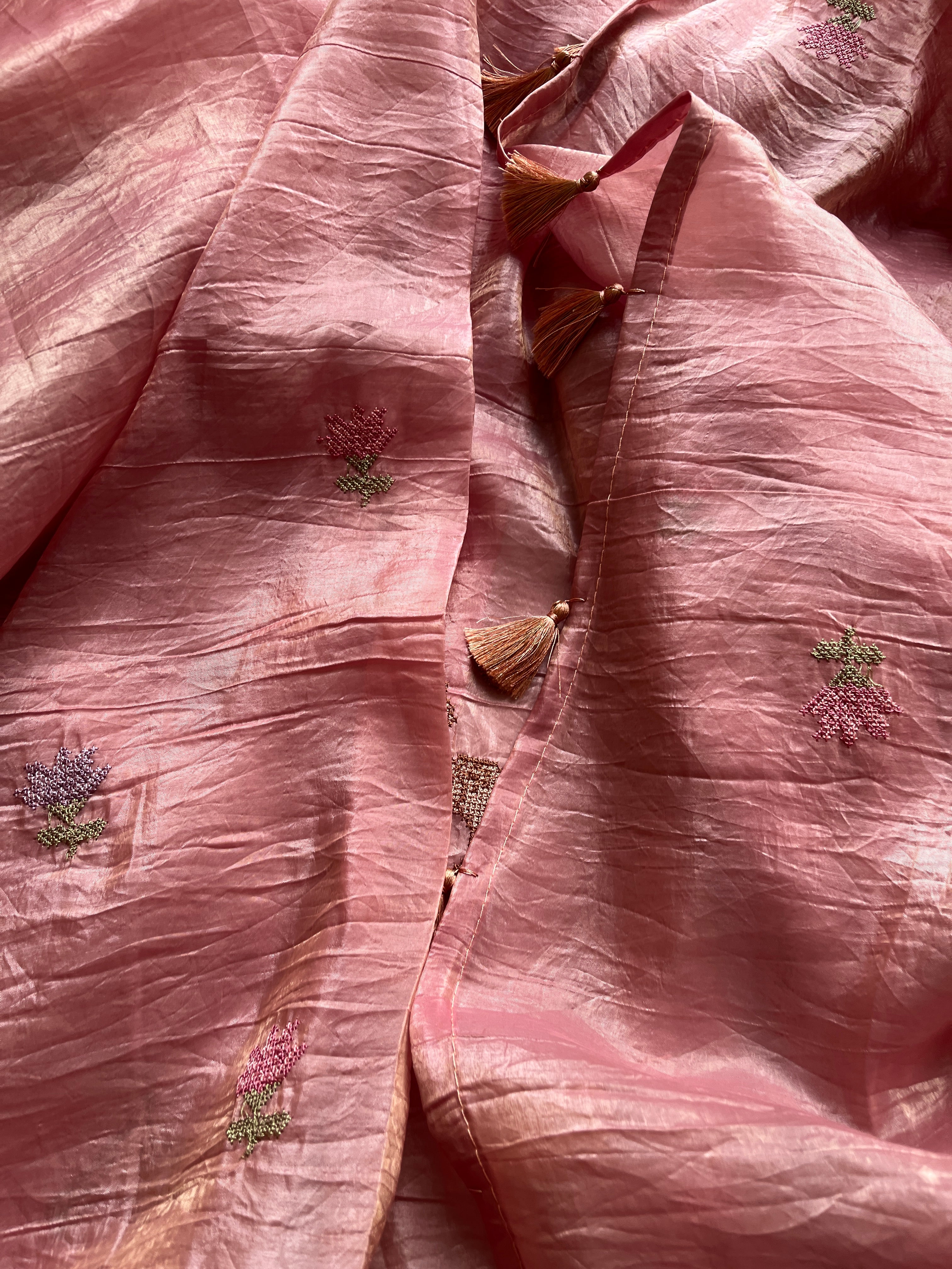 Peach Crushed Tissue saree